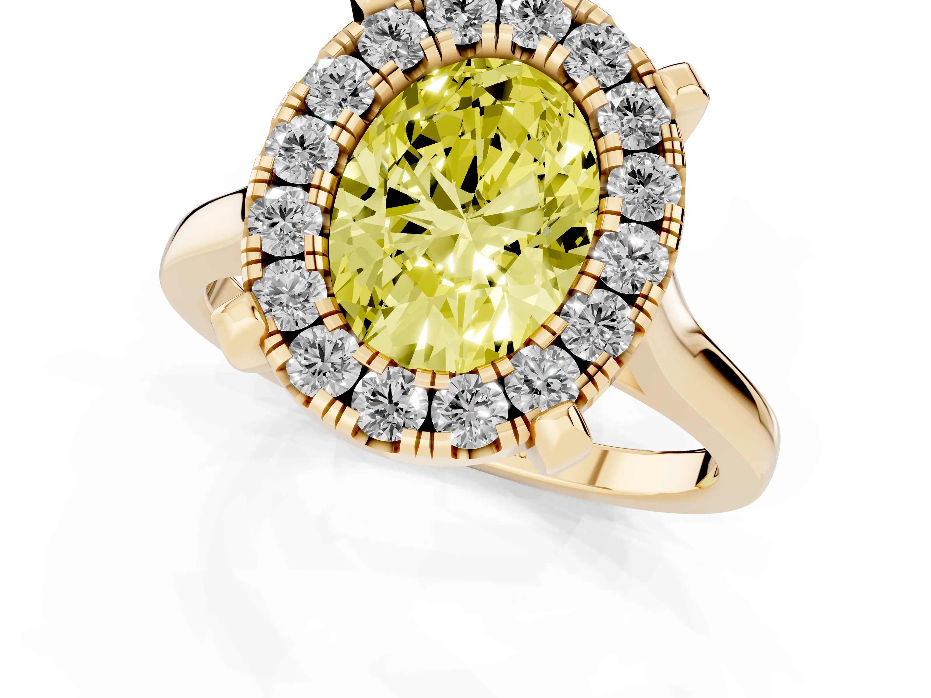 Fancy Yellow Oval Cut Diamond Cluster Halo Solitaire Ring Set in Yellow gold with Prong Setting