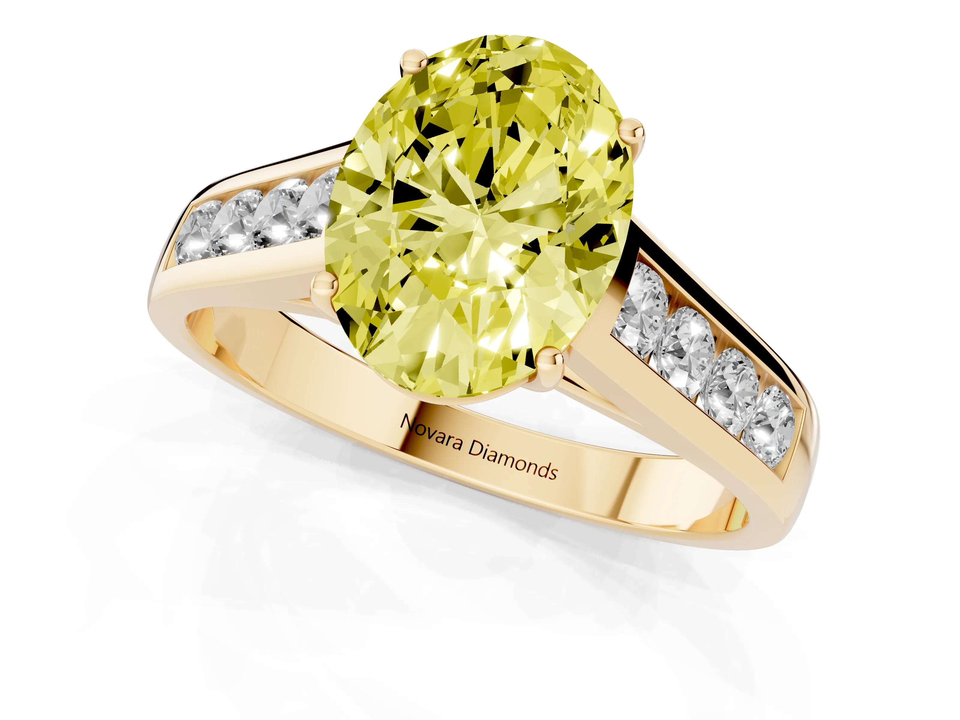 Fancy Yellow Oval Cut Diamond Solitaire Channel-Set Engagement Ring Set in Yellow gold with Prong Setting
