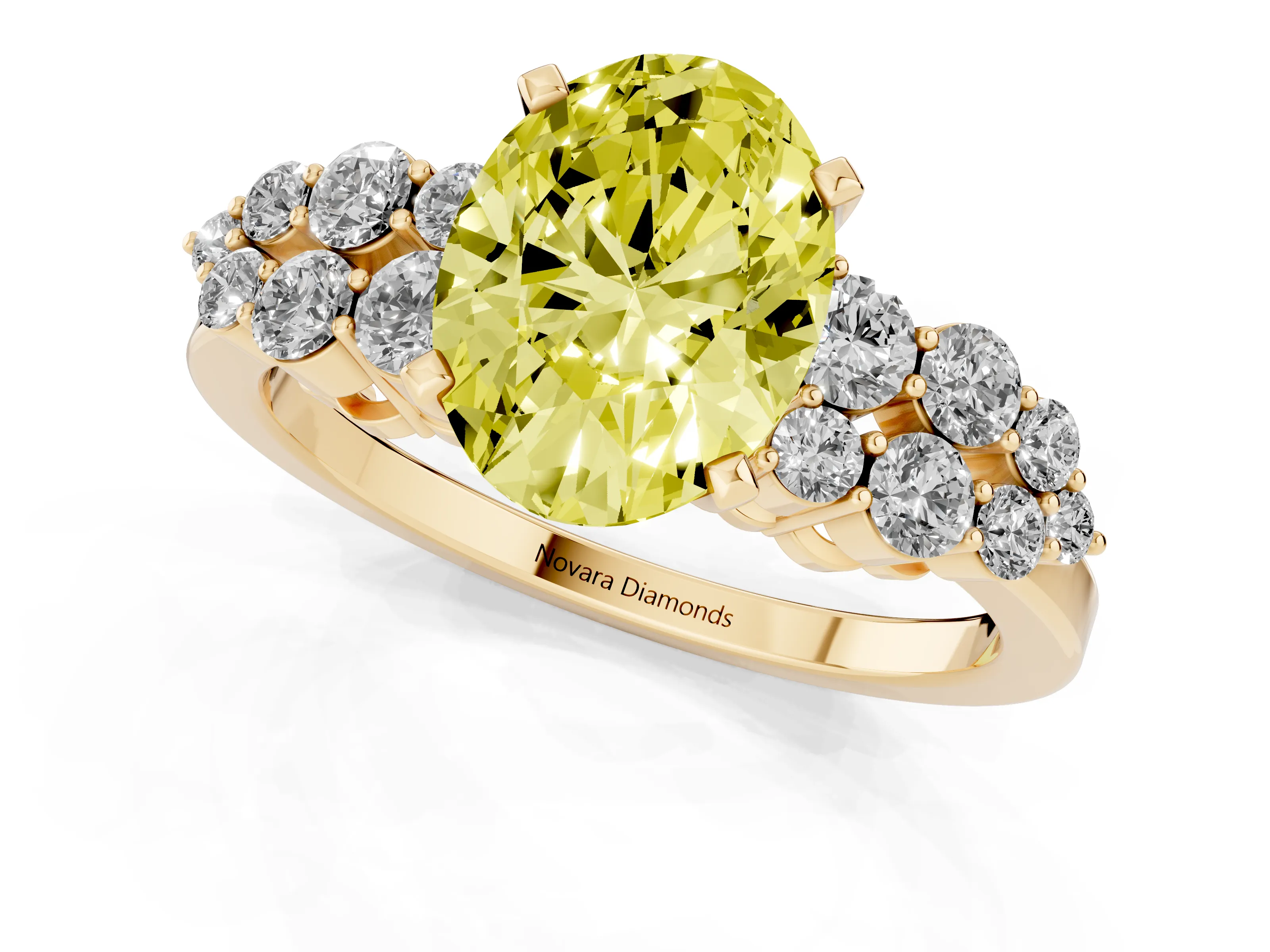 Fancy Yellow Oval Cut Diamond Cluster Engagement Ring Set in Yellow gold with Pavé Band and Prong Setting