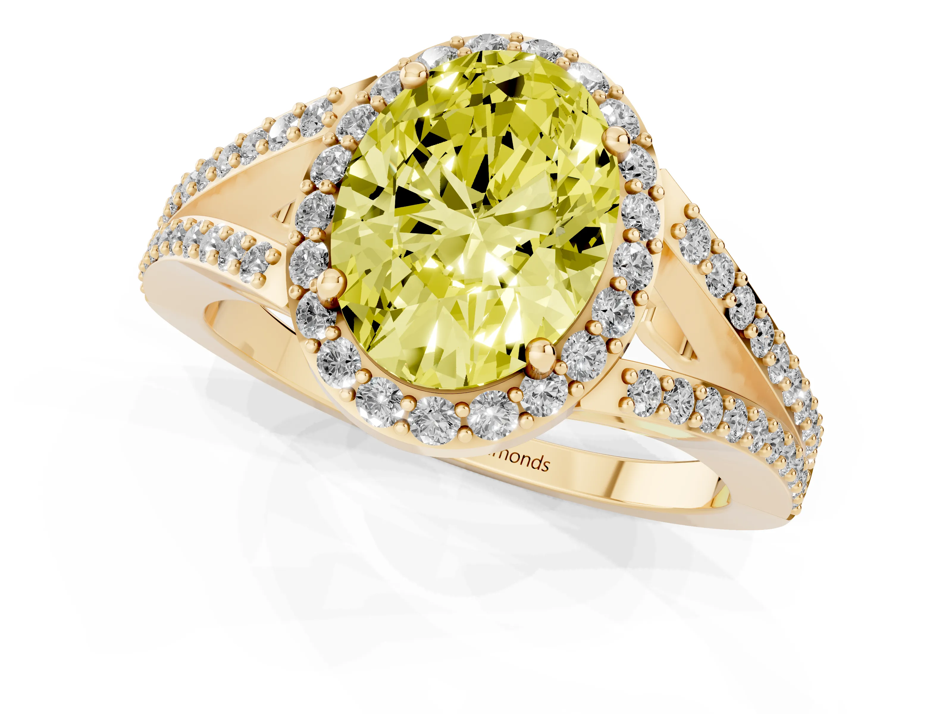 Fancy Yellow Oval Cut Diamond Halo Split Shank Ring Set in Yellow gold with Accent Stones and Prong Setting