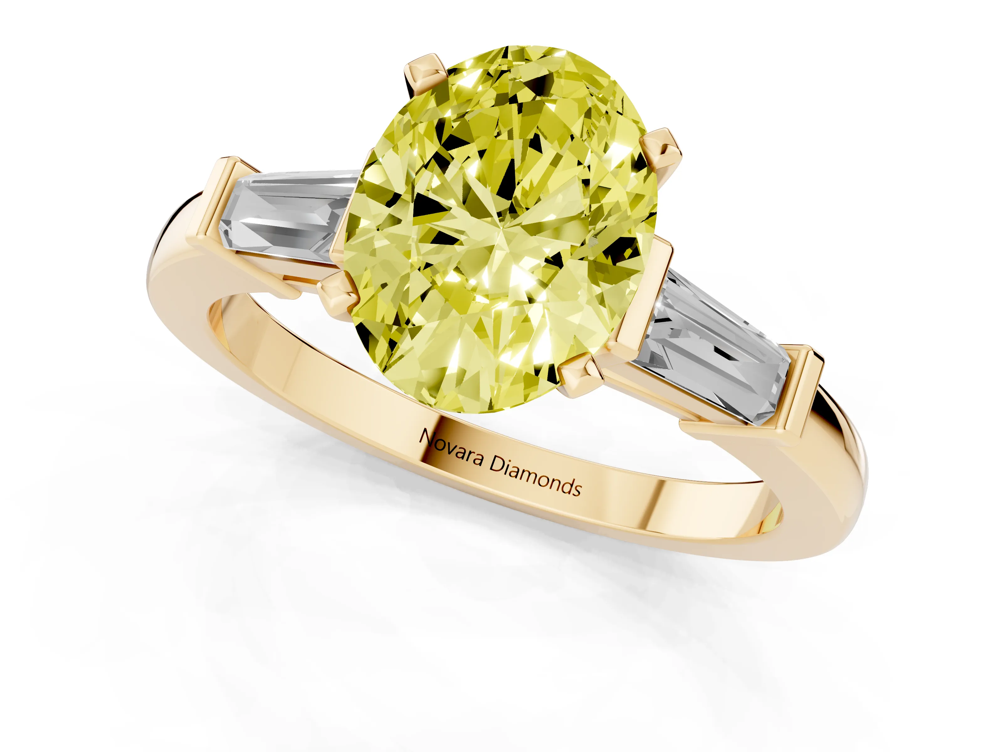 Fancy Yellow Oval Cut Diamond Solitaire Ring Set in Yellow gold with Tapered Baguette Accents and Prong Setting