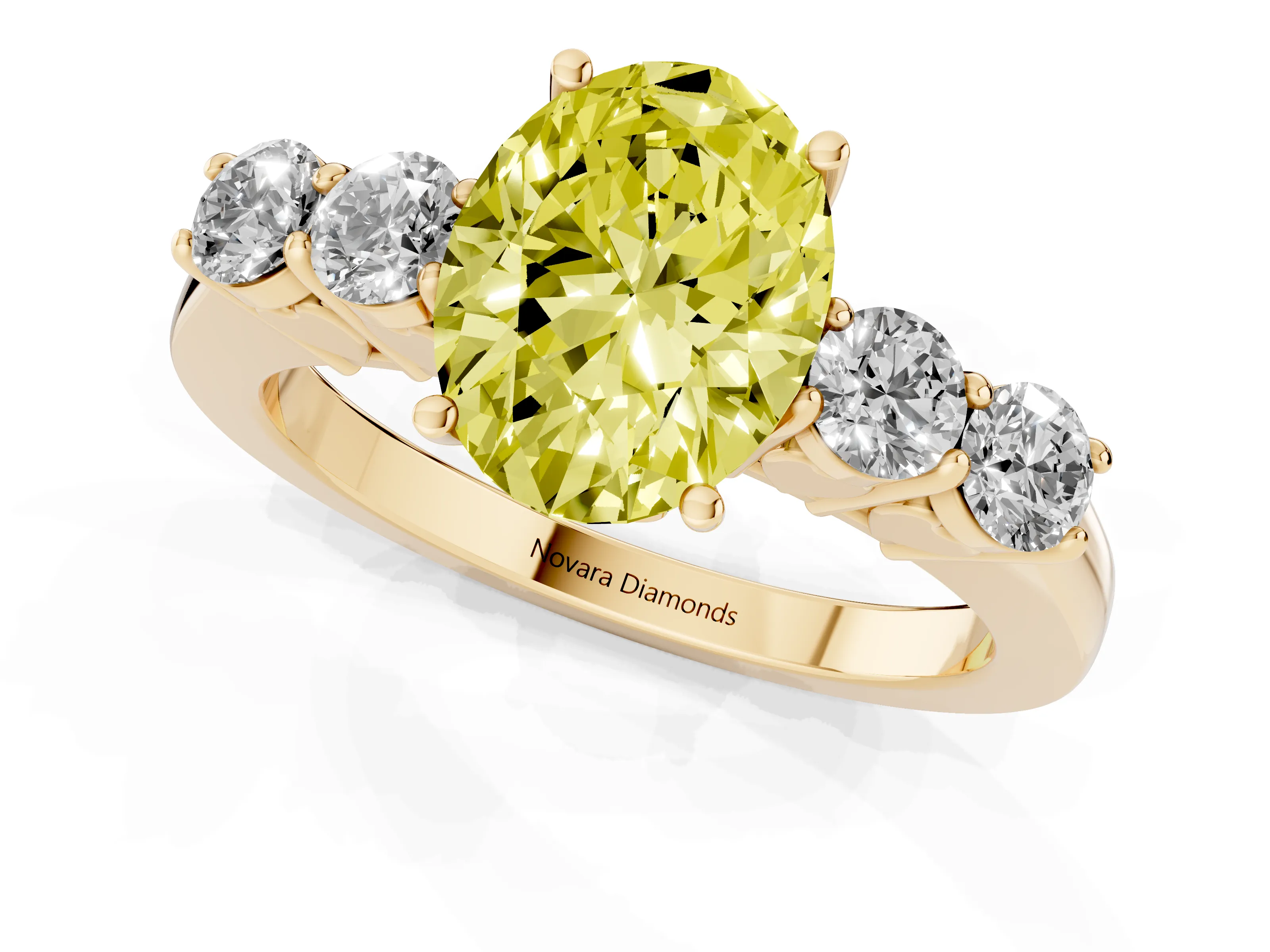 Fancy Yellow Oval Cut Diamond Five-Stone Prong Set Band Ring Set in Yellow gold with Polished Band