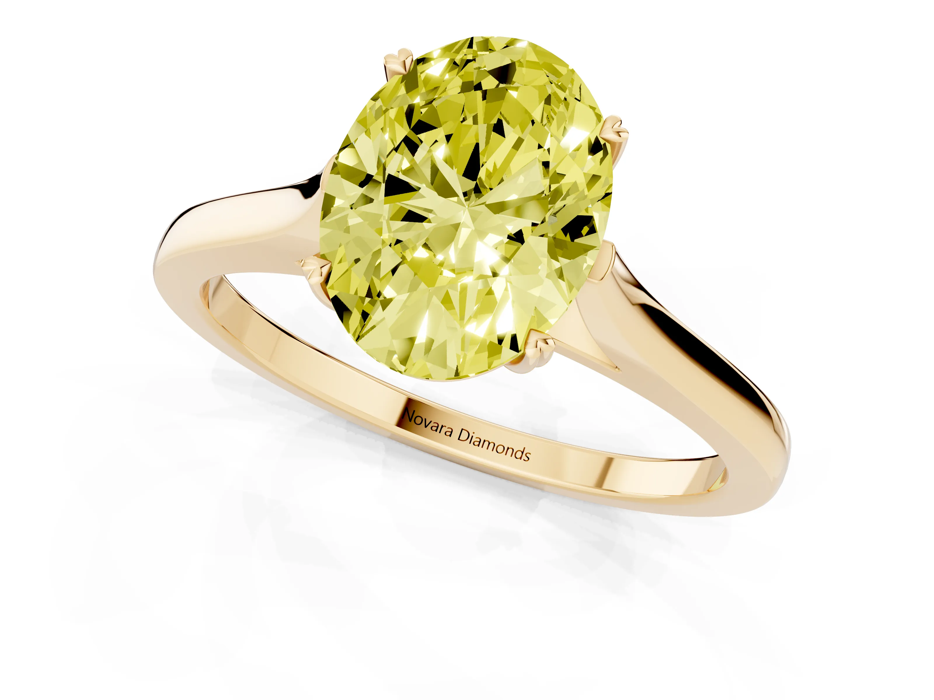 Fancy Yellow Oval Cut Diamond Solitaire Heart Prong Engagement Ring Set in Yellow gold with Tapered Band