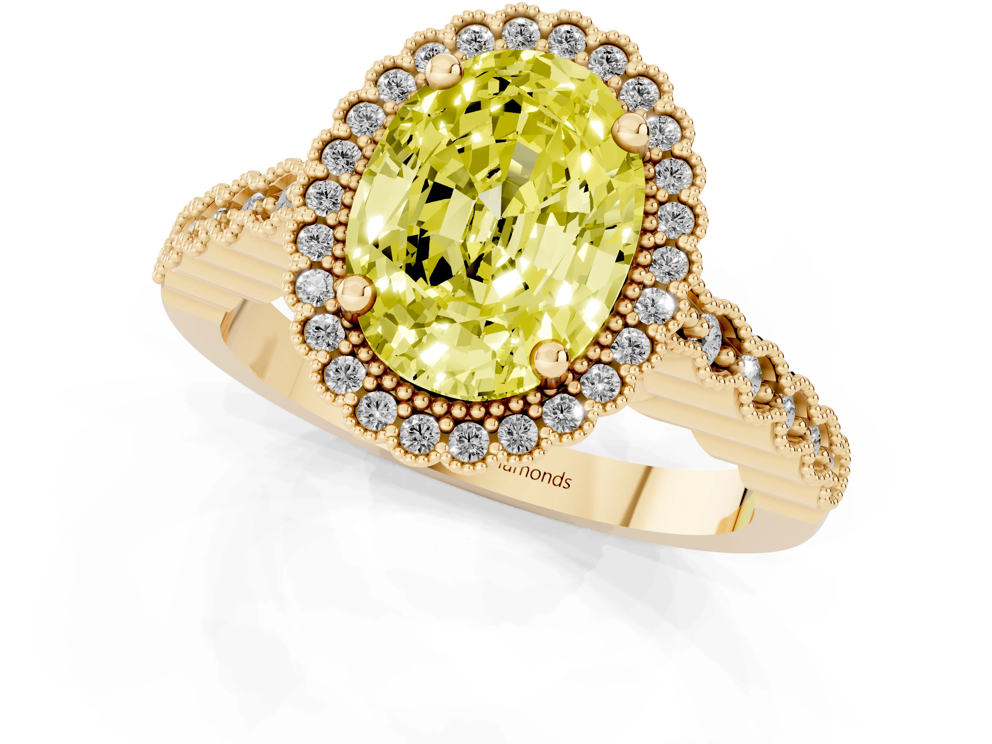 Fancy Yellow Oval Cut Diamond Halo Ring Set in Yellow gold with Pavé Milgrain Band