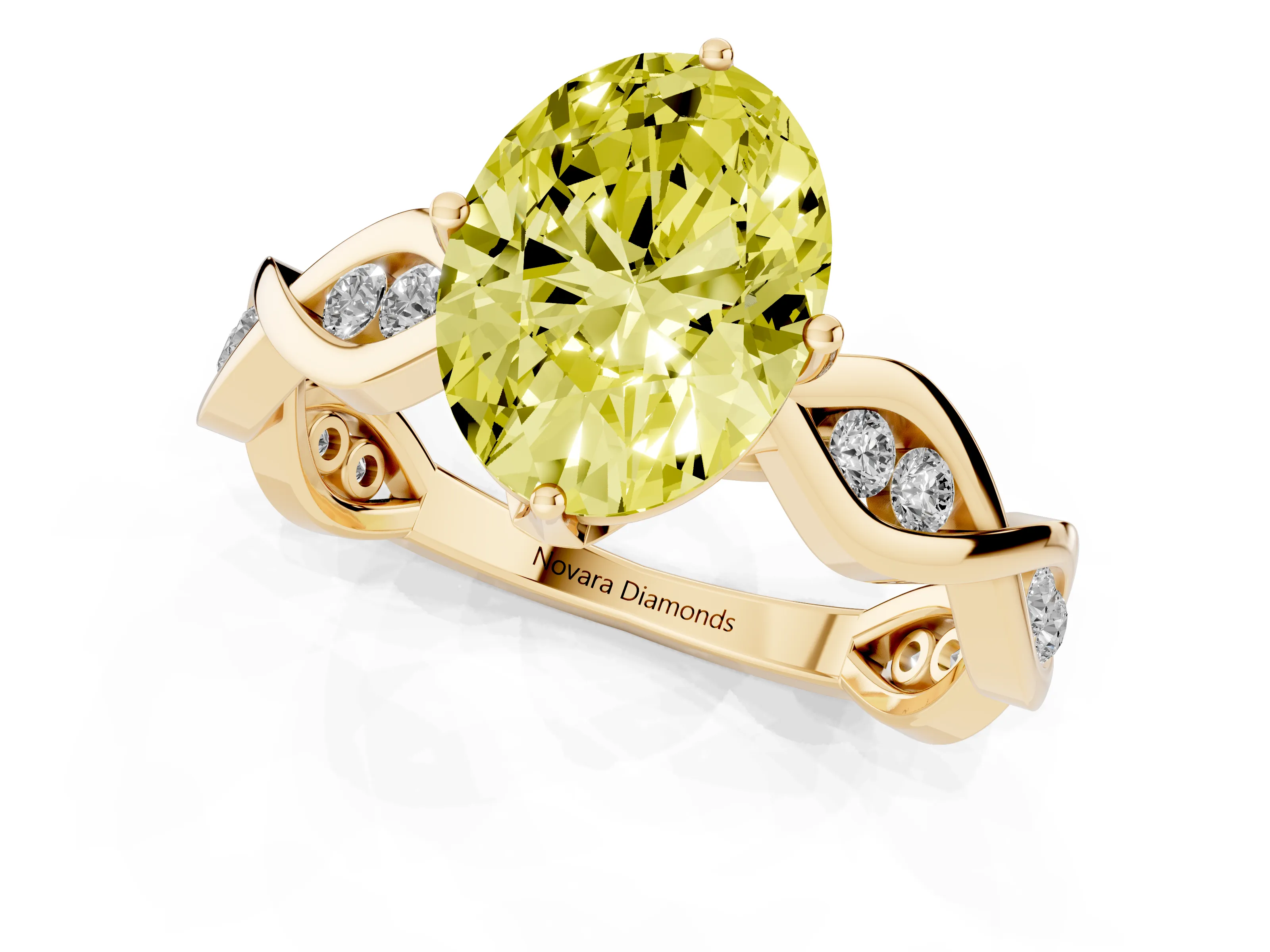 Fancy Yellow Oval Cut Diamond Twist Band Solitaire Ring Set in Yellow gold with Leaf Prong Setting and Accent Stones