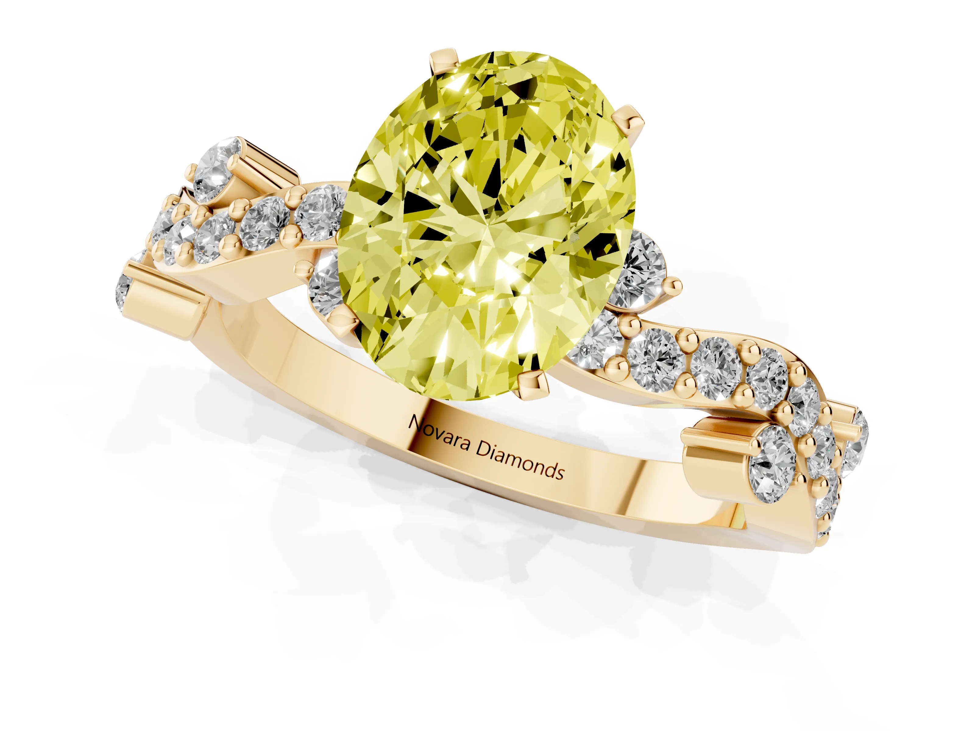 Fancy Yellow Oval Cut Diamond Solitaire Twisted Band Set in Yellow gold with Pavé Setting
