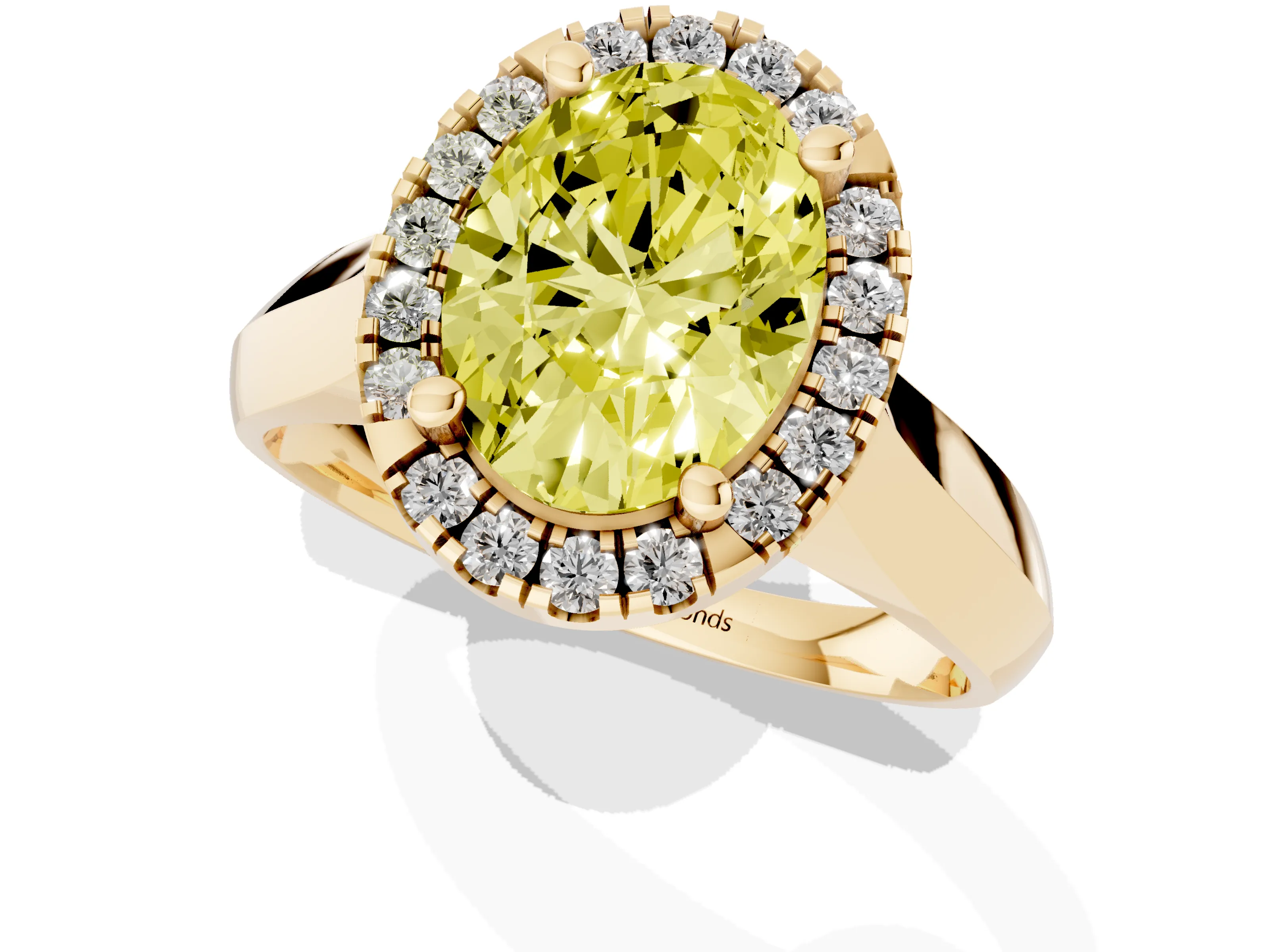 Fancy Yellow Oval Cut Diamond Halo Solitaire Engagement Ring Set in Yellow gold with Square Band and Prong Setting