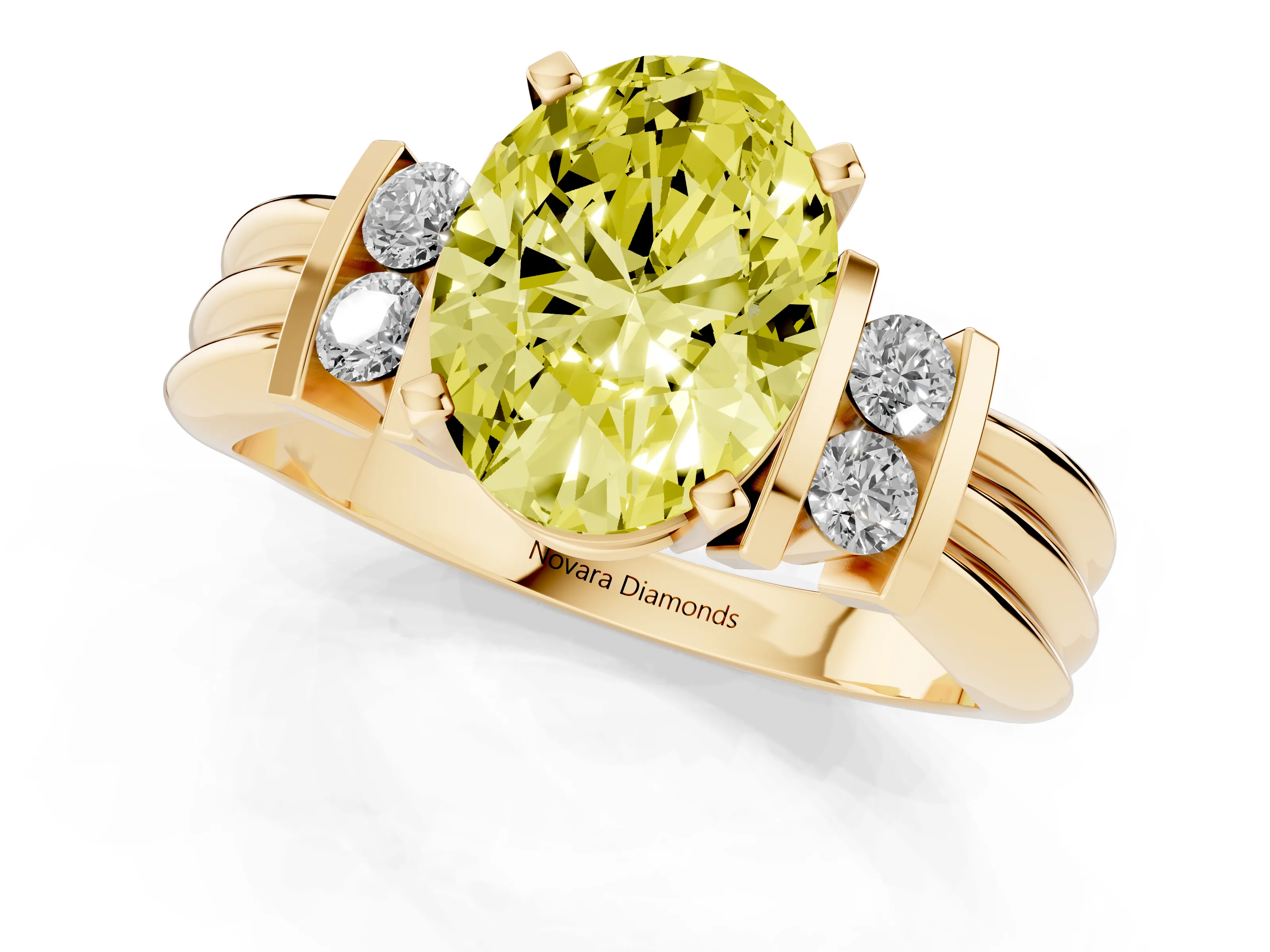 Fancy Yellow Three-Stone Oval Cut Diamond Channel Set Ring Set in Yellow gold with Bar Prongs