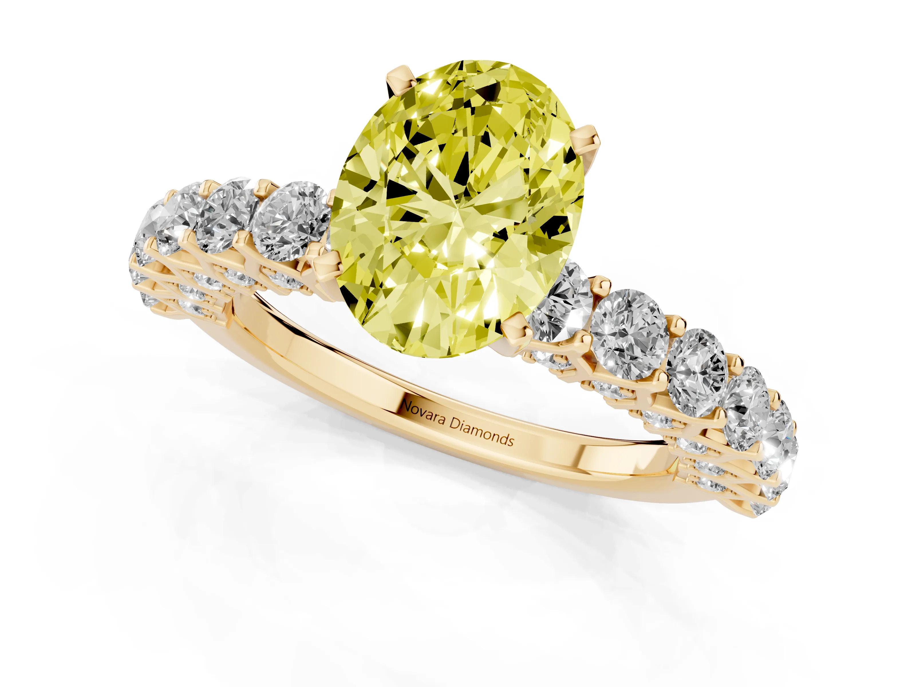 Fancy Yellow Oval Cut Diamond Solitaire Ring Set in Yellow gold with Shared Prong Pavé Band