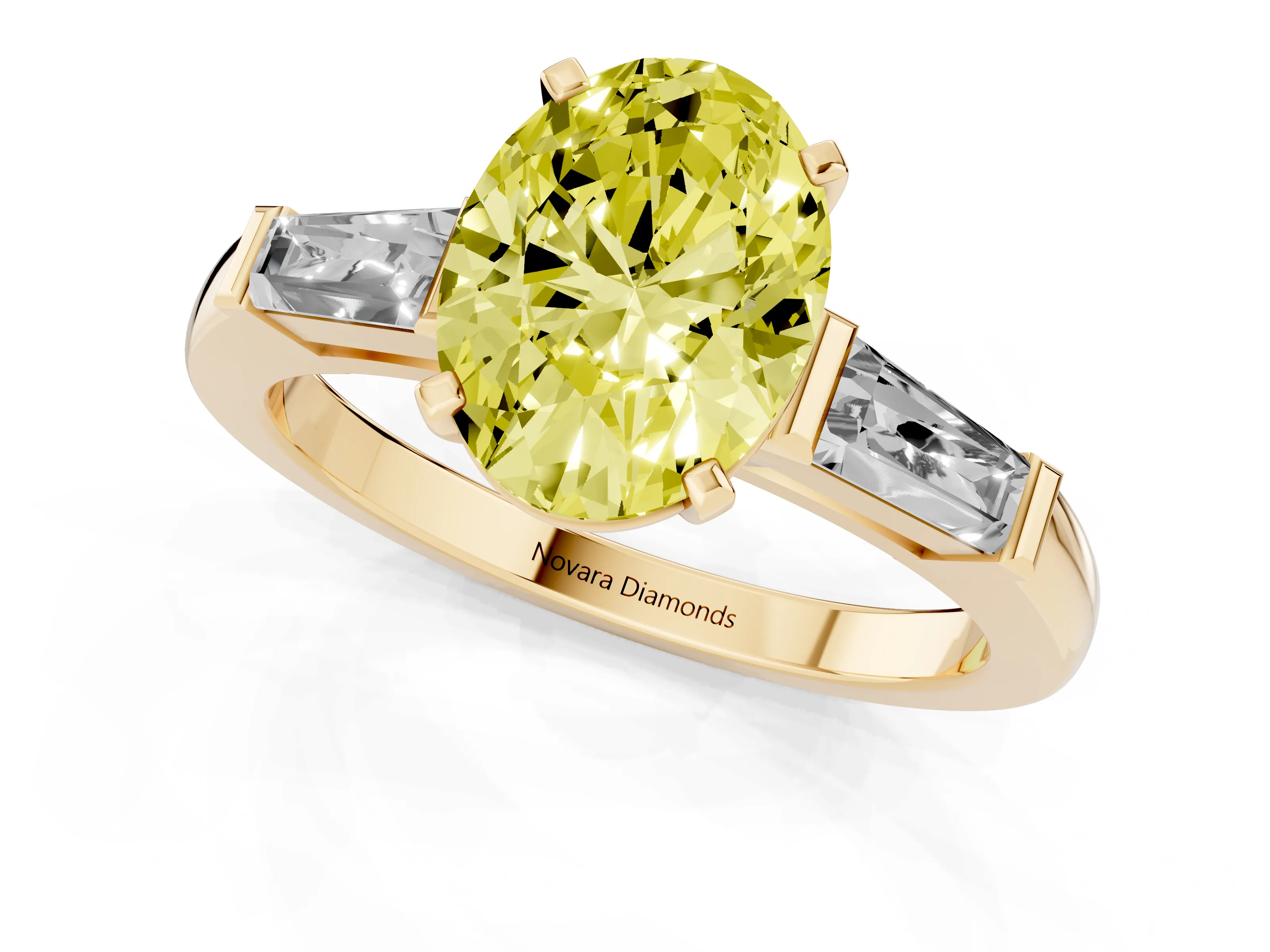 Fancy Yellow Oval Cut Diamond Solitaire Ring Set in Yellow gold with Tapered Baguette Side Stones and Prong Setting