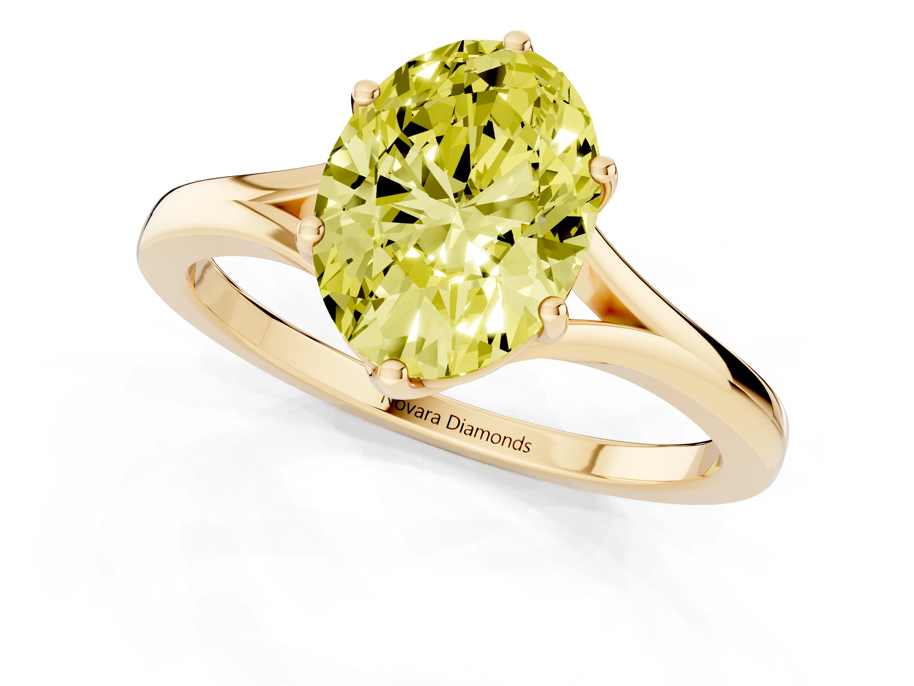 Fancy Yellow Oval Cut Diamond Solitaire Ring Set in Yellow gold with Polished Tapered Band and Prong Setting