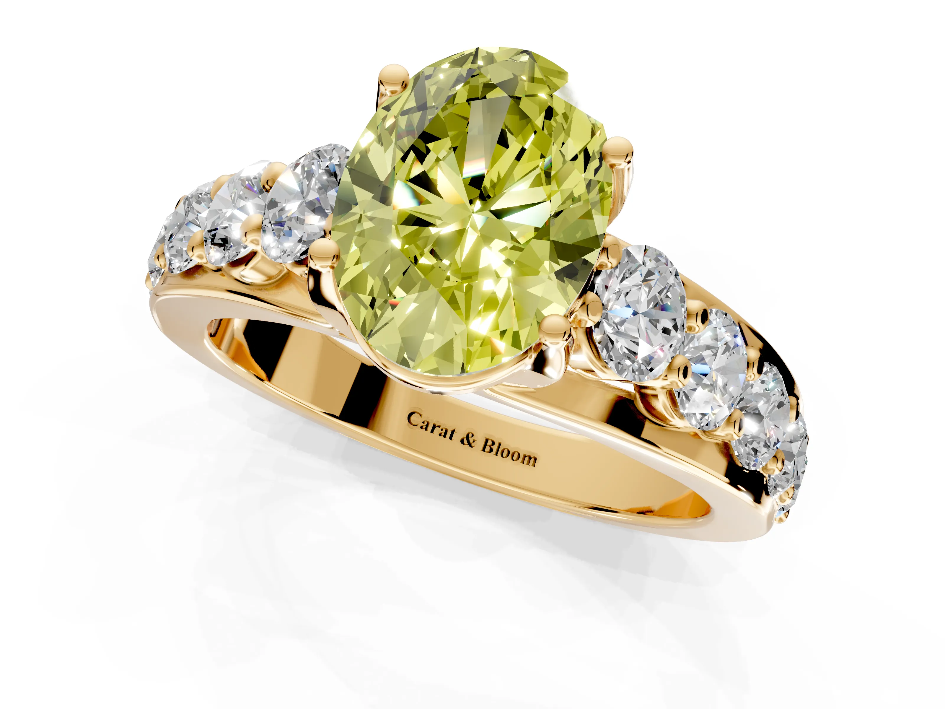 Solitaire Engagement Ring Setting for Fancy Yellow Oval Center with Graduated Shared Prongs and Prong Head in Yellow Gold