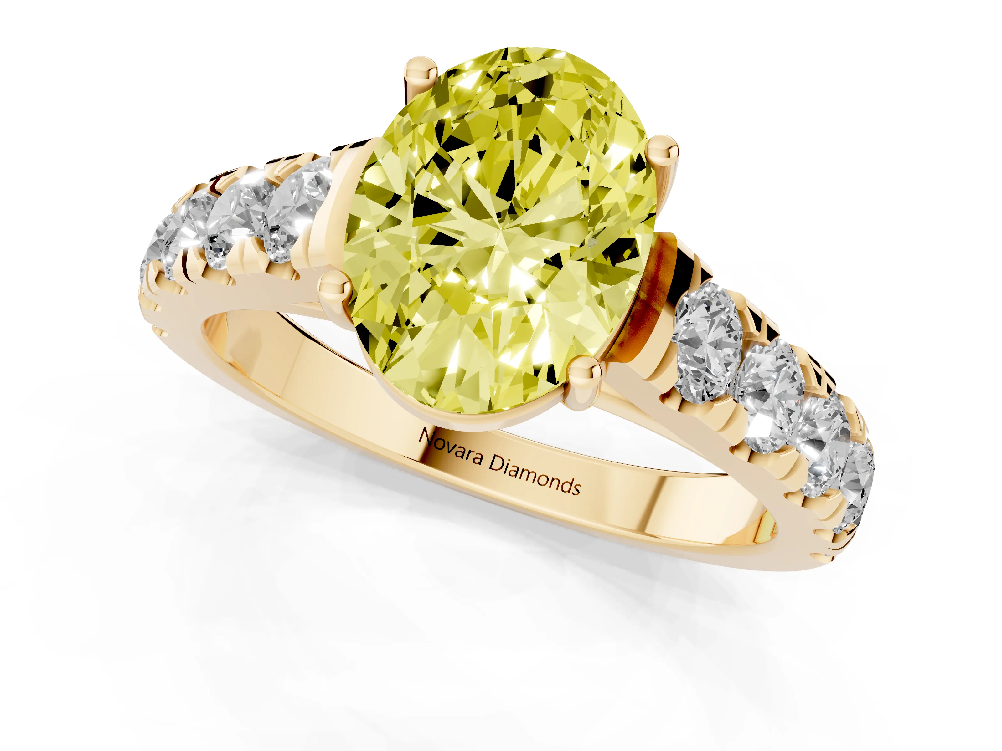 Fancy Yellow Oval Cut Diamond Solitaire Ring Set in Yellow gold with Cut-Down Micro Pavé Band and Prong Setting