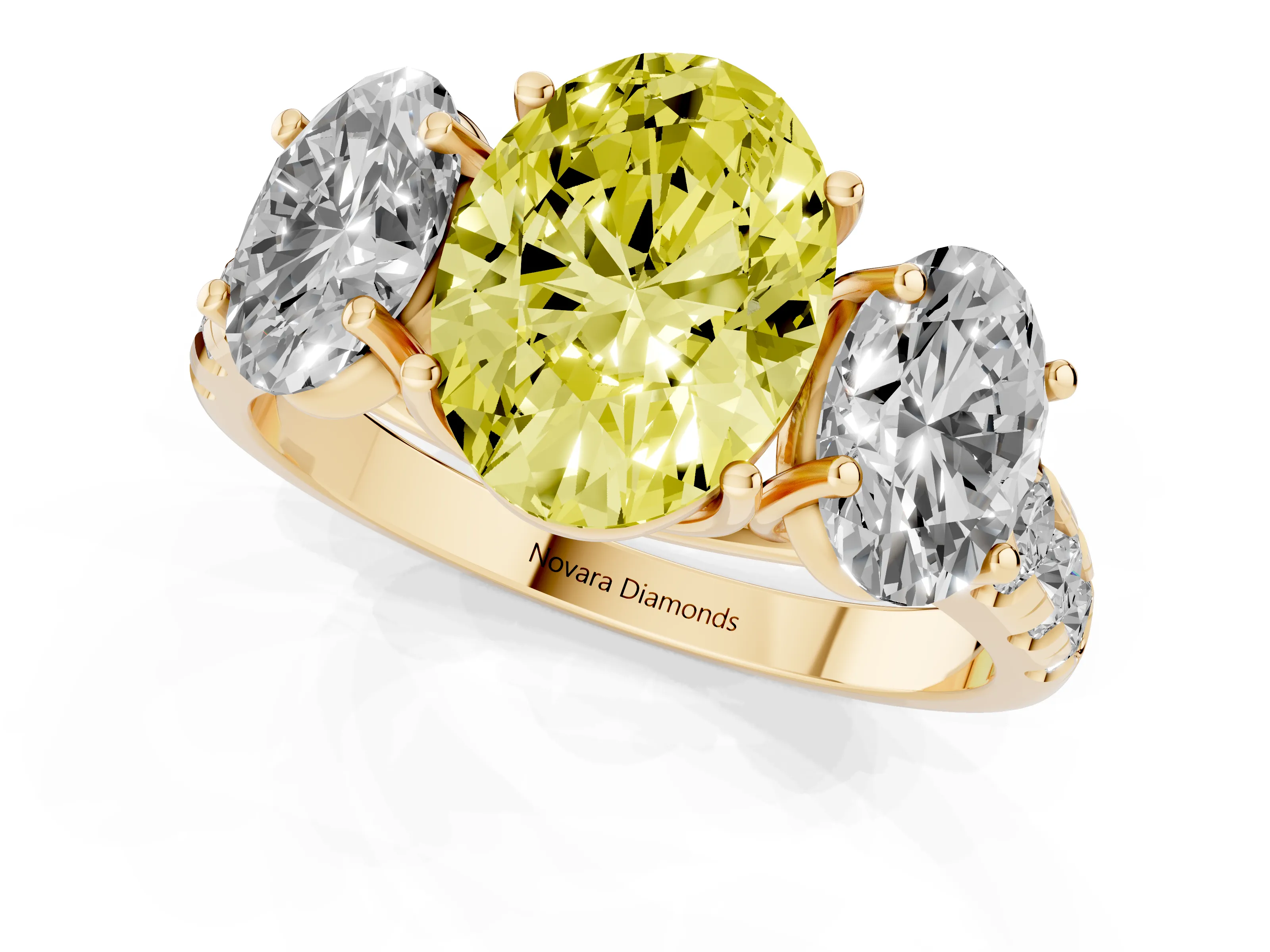 Fancy Yellow Oval Cut Diamond Three-Stone Ring Set in Yellow gold with Pavé Band