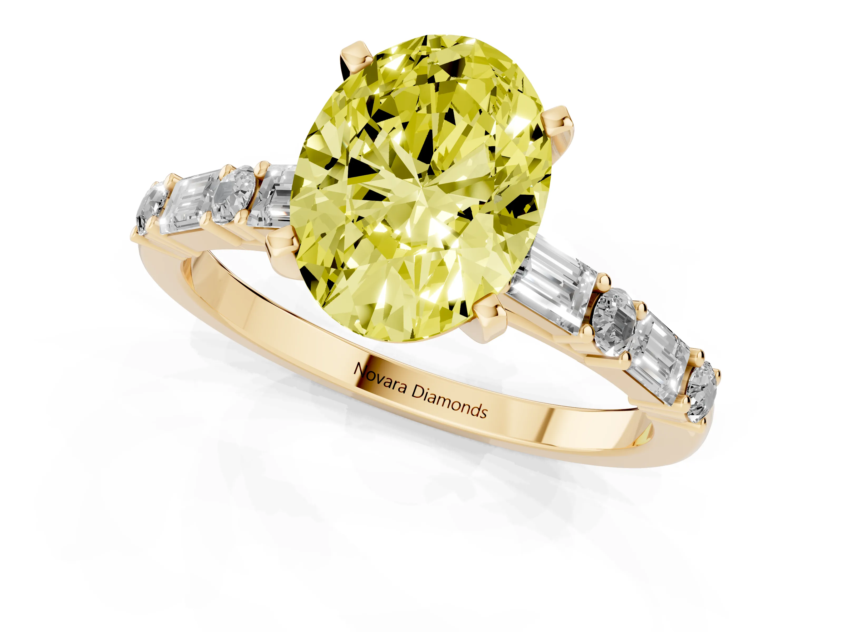 Fancy Yellow Oval Cut Diamond Solitaire Set in Yellow gold with Side Baguettes and Channel Set Band