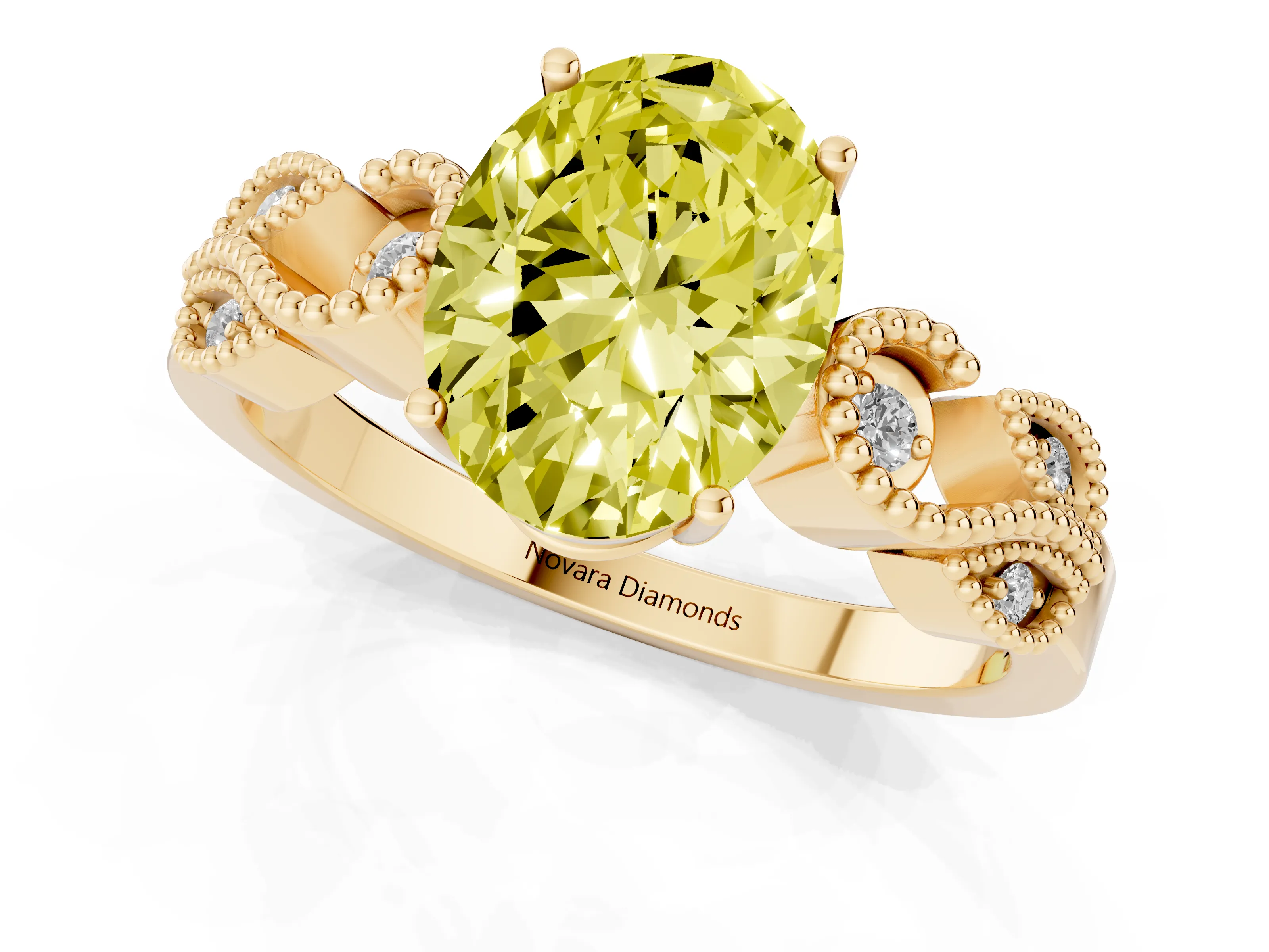 Fancy Yellow Oval Cut Diamond Milgrain Leaf Band Solitaire Ring Set in Yellow gold with Accent Stones and Prong Setting
