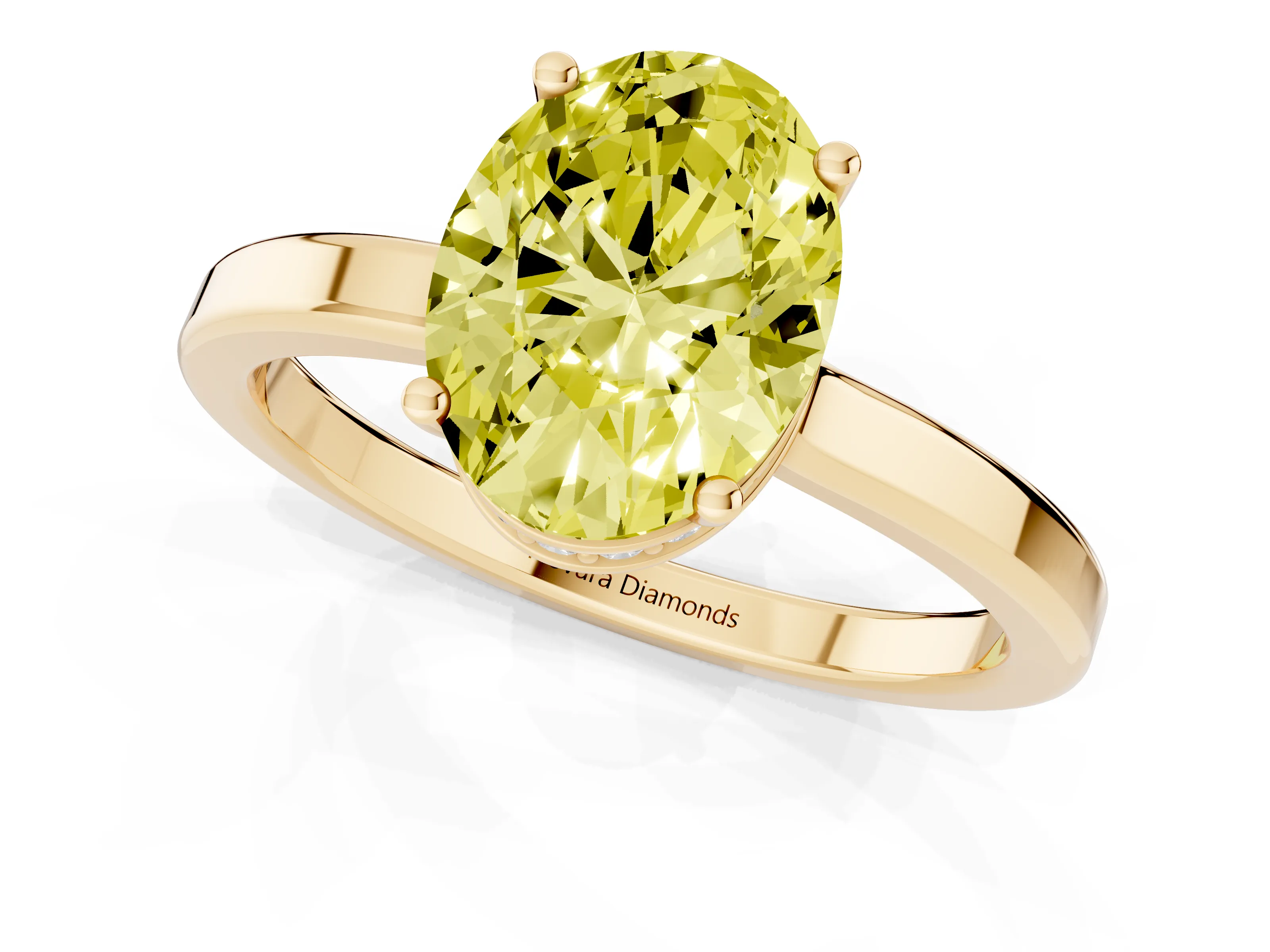 Fancy Yellow Oval Cut Diamond Solitaire Engagement Ring Set in Yellow gold with Prong Setting on a Plain Band