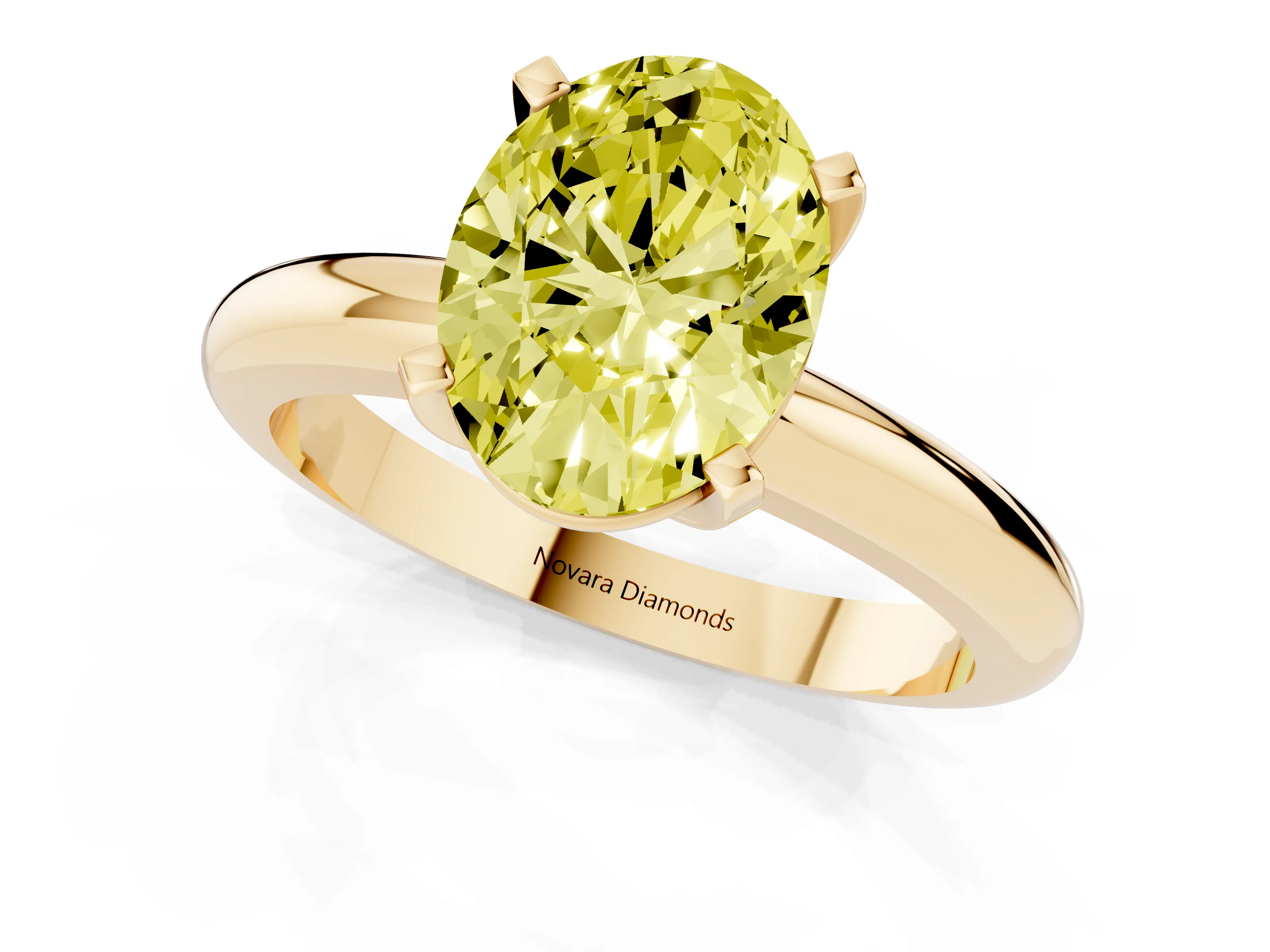Fancy Yellow Oval Cut Diamond Solitaire Engagement Ring Set in Yellow gold with Round Band and Prong Setting