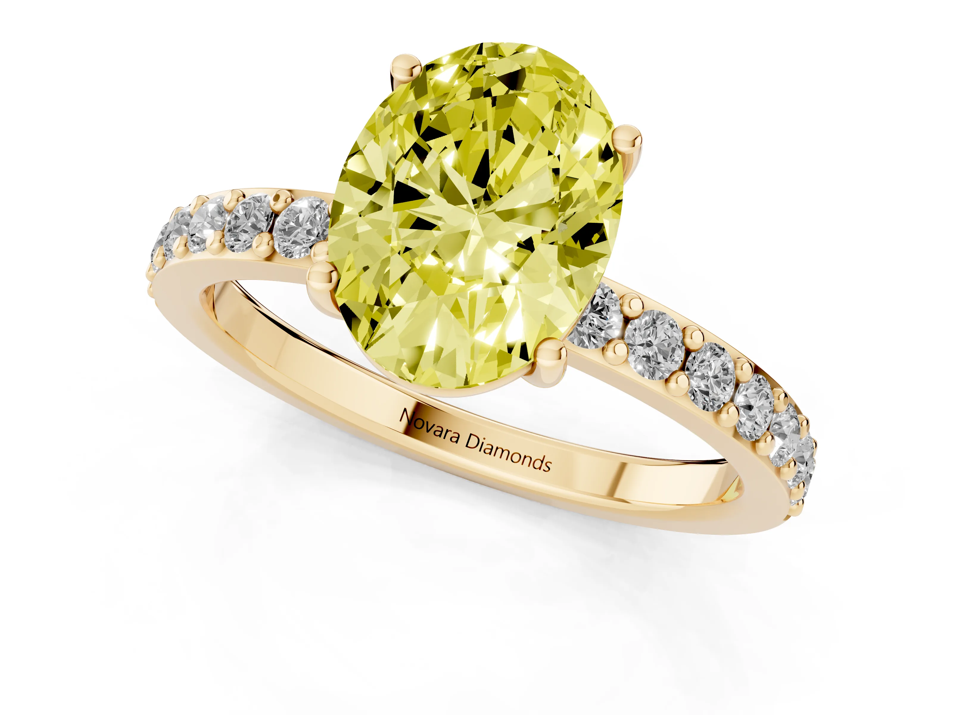 Fancy Yellow Oval Cut Diamond Solitaire Set in Yellow gold with Round Pavé Band and Prong Setting