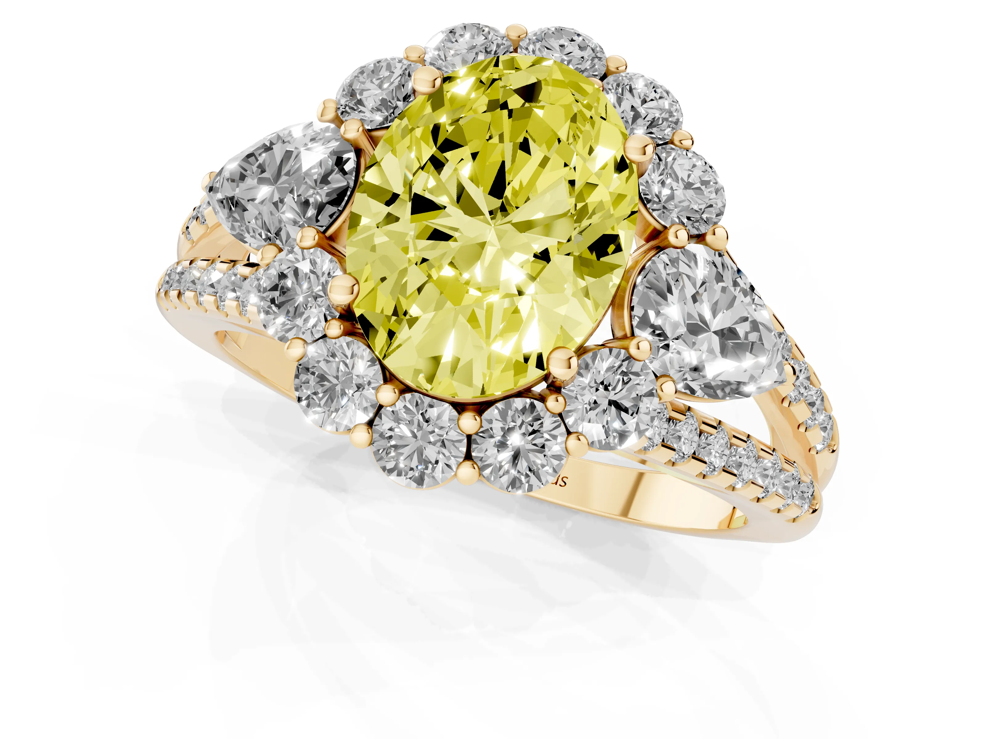 Fancy Yellow Oval Cut Diamond Halo Split Shank Engagement Ring Set in Yellow gold with Prong-Held Center Stone