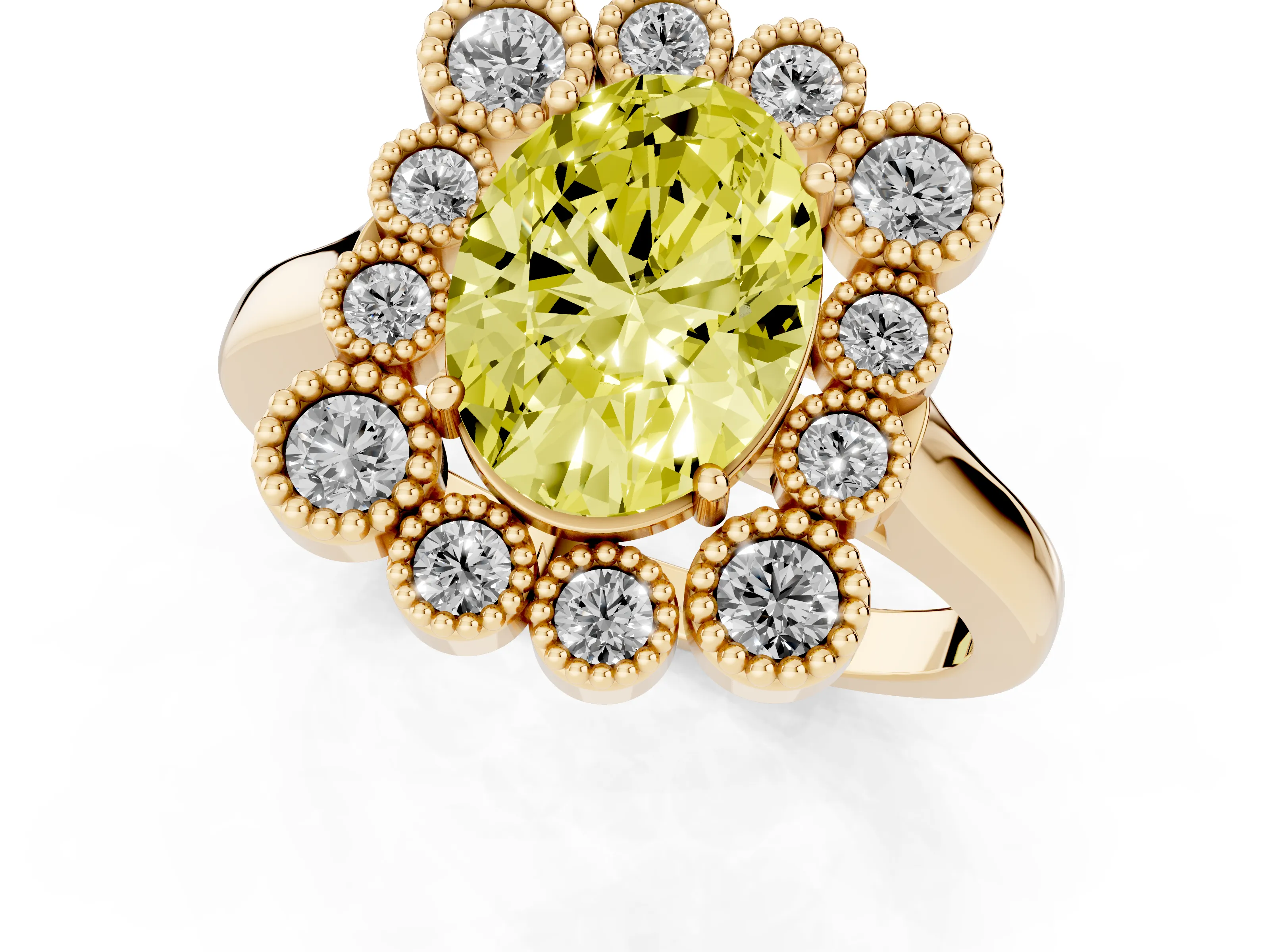 Fancy Yellow Oval Cut Diamond Cluster Halo Ring Set in Yellow gold with Milgrain Bezel Accents and Plain Band