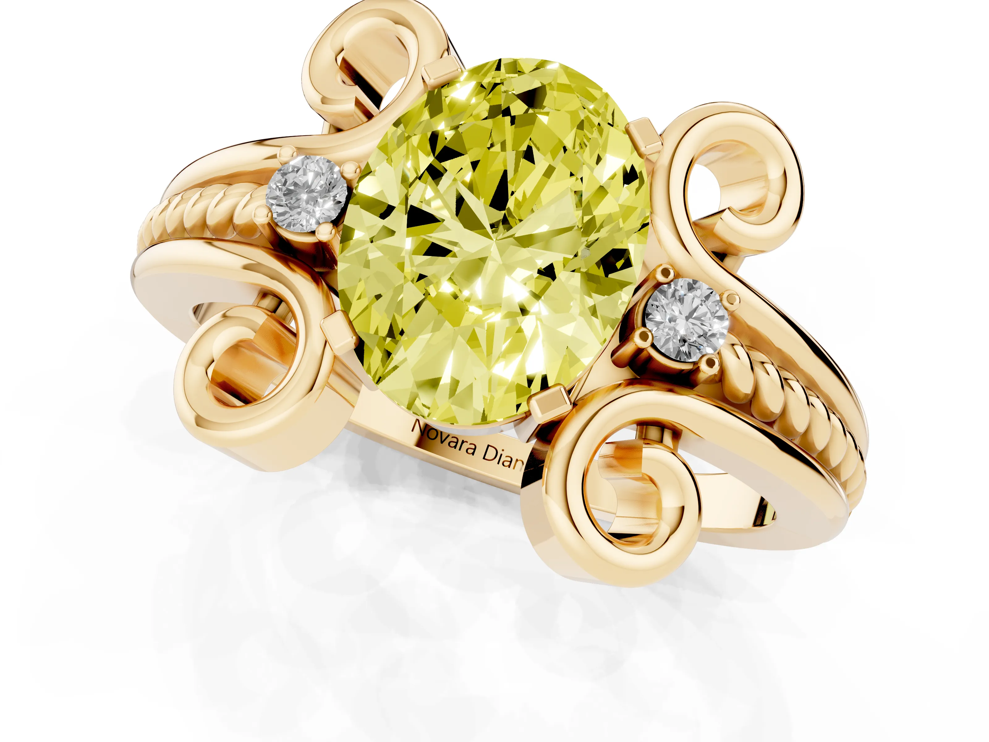 Fancy Yellow Oval Cut Diamond Twisted Band Solitaire Ring Set in Yellow gold with Scroll Prongs