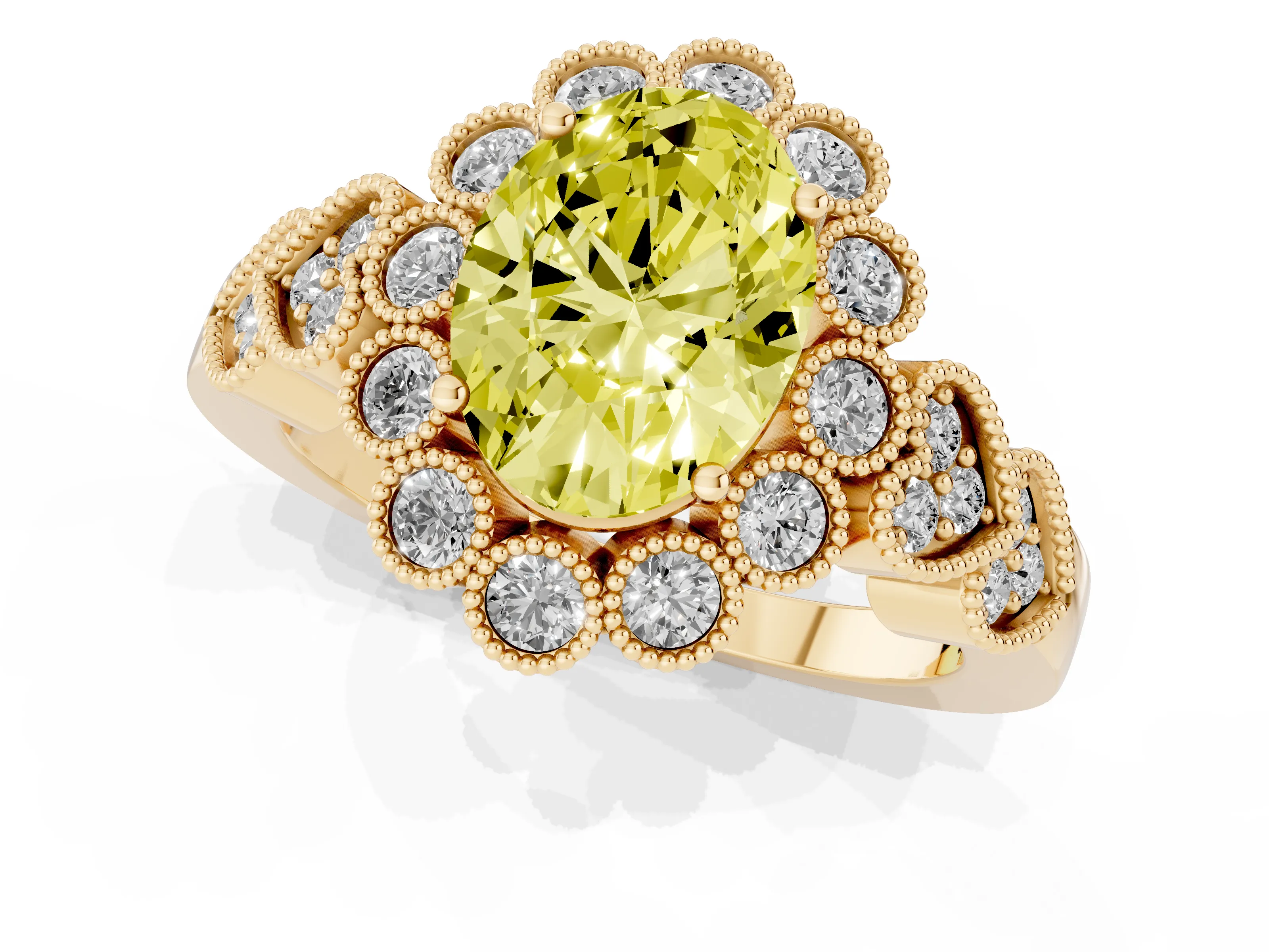 Fancy Yellow Oval Cut Diamond Solitaire Ring Set in Yellow gold with Milgrain Pavé Heart Band