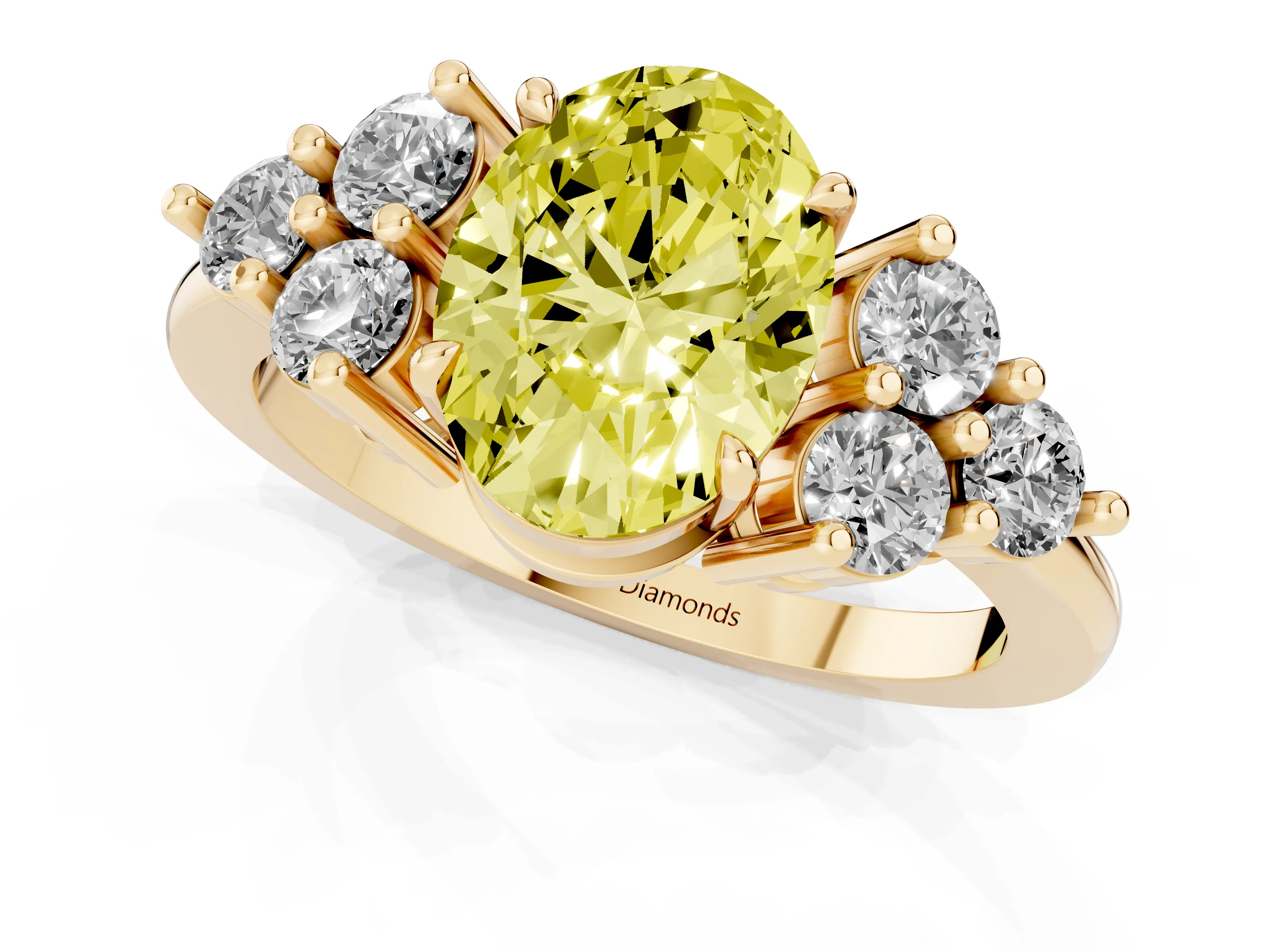 Fancy Yellow Oval Cut Diamond Solitaire Ring Set in Yellow gold with Cluster Accents on Each Side