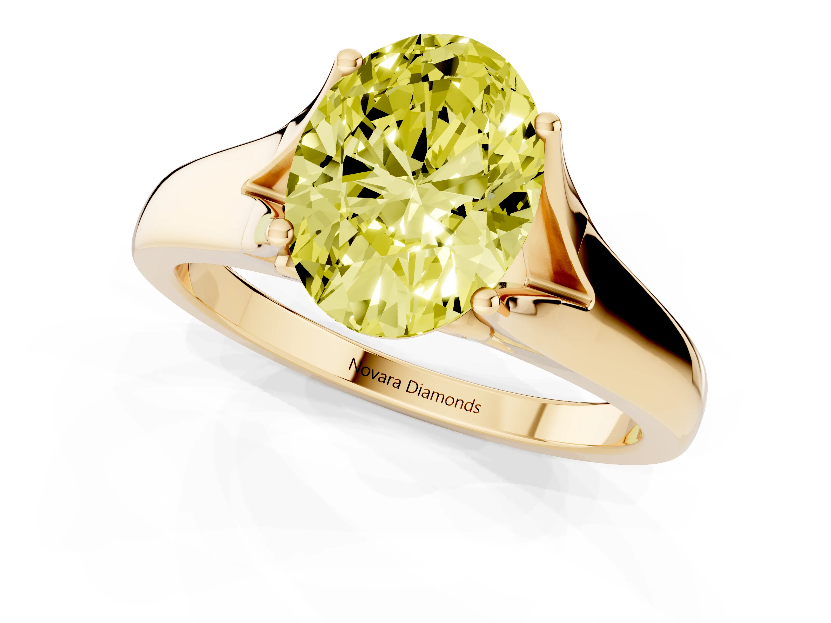 Fancy Yellow Oval Cut Diamond Solitaire Ring Set in Yellow gold with Arched Cathedral Band and Prong Setting