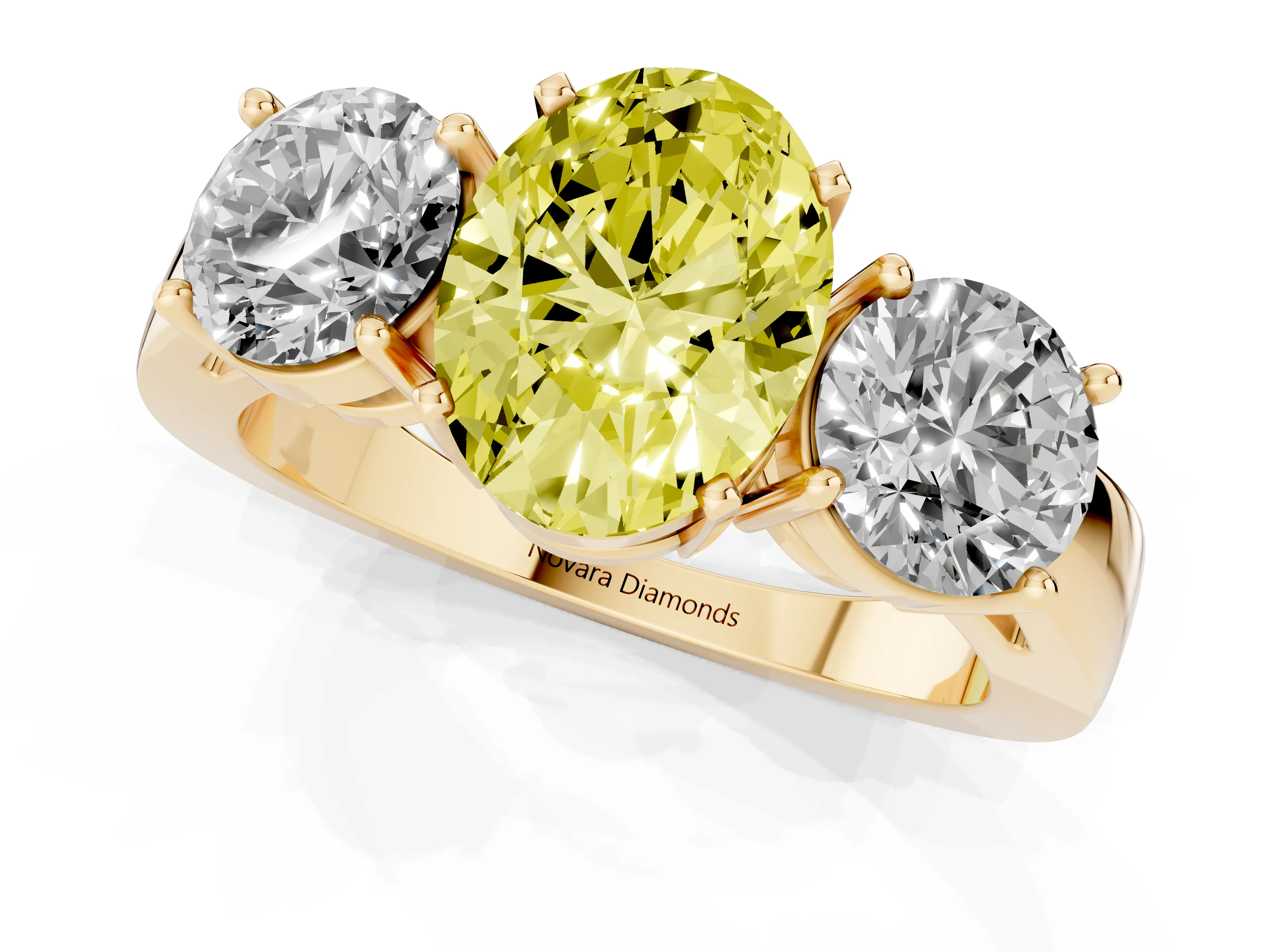 Fancy Yellow Oval Cut Diamond Three-Stone Ring Set in Yellow gold with Round Side Stones and Classic Band