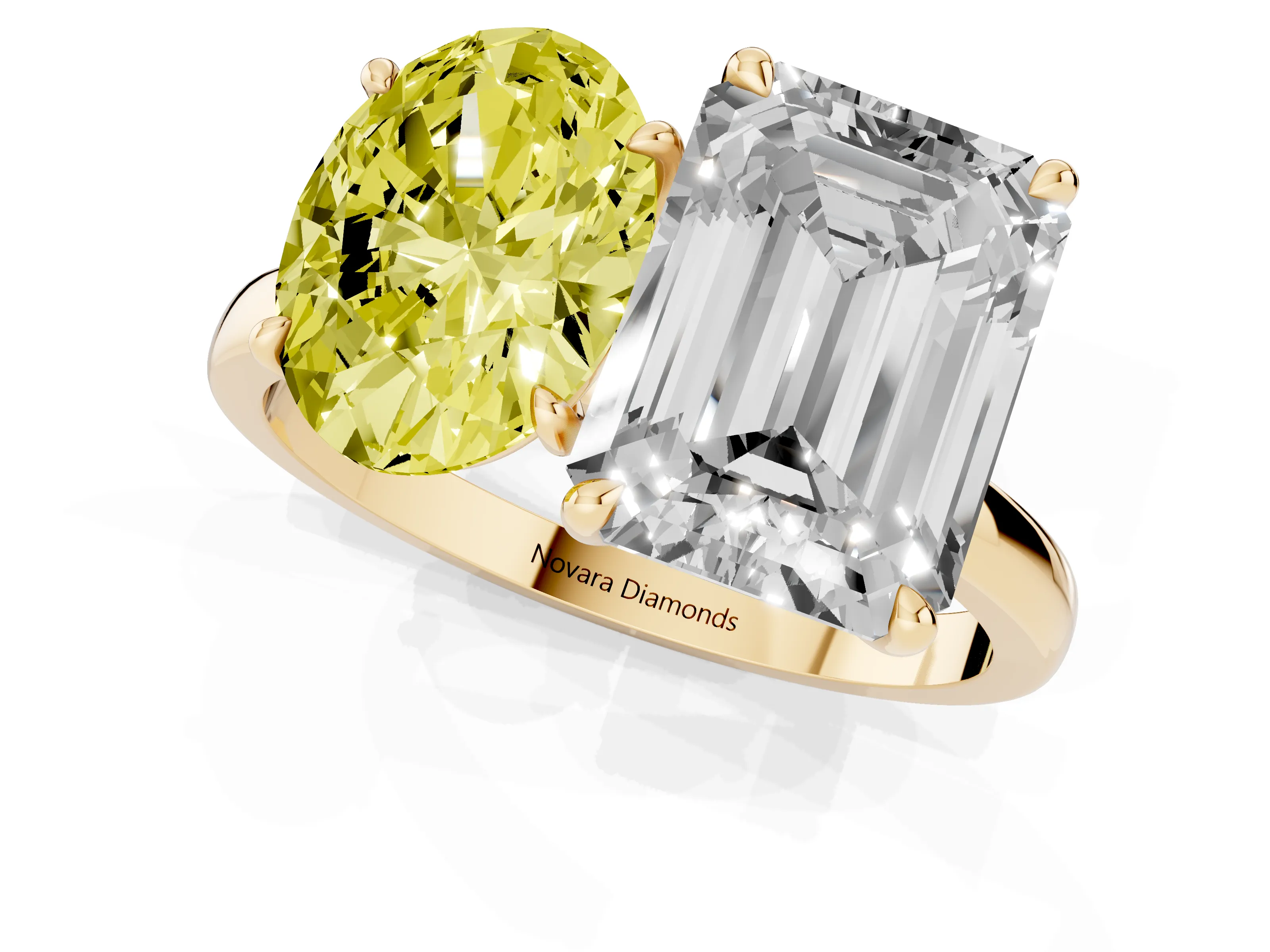 Fancy Yellow Oval Cut and Emerald Cut Toi Moi Ring Set in Yellow gold with Prong Setting