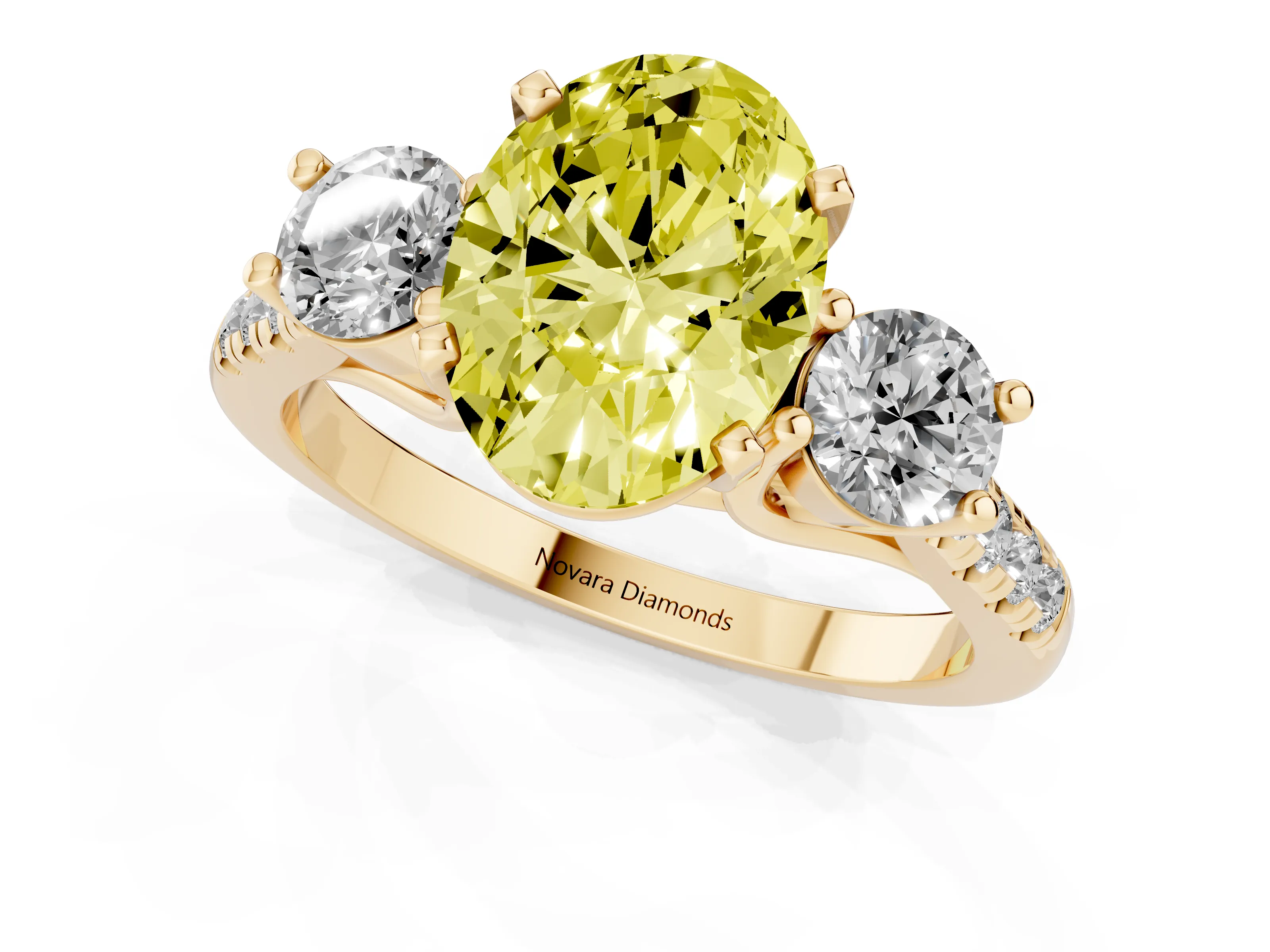 Fancy Yellow Three-Stone Oval Cut Diamond Pavé Band Ring Set in Yellow gold with Prong-Set Trio