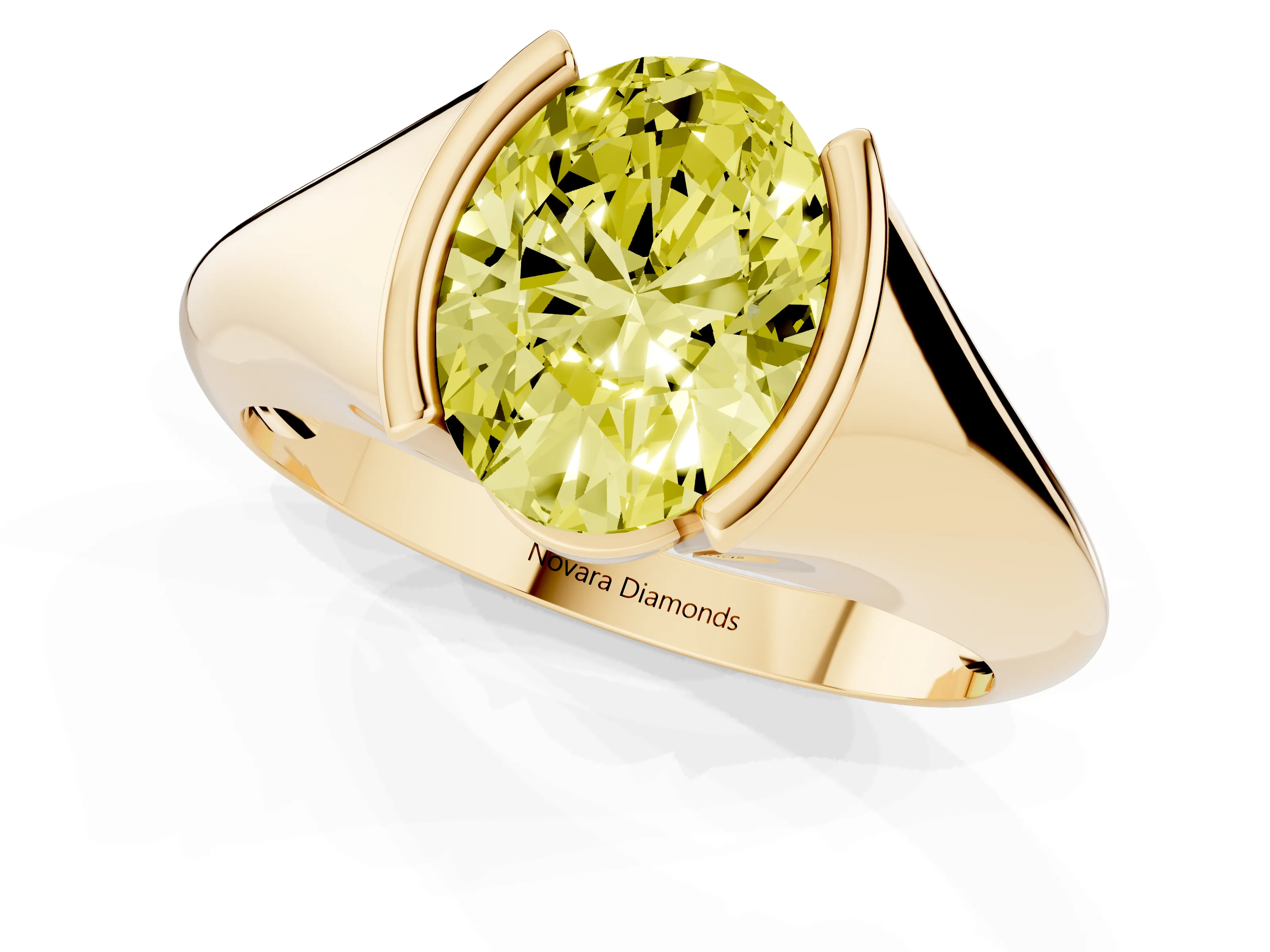 Fancy Yellow Oval Cut Diamond Solitaire Tension Set Ring Set in Yellow gold