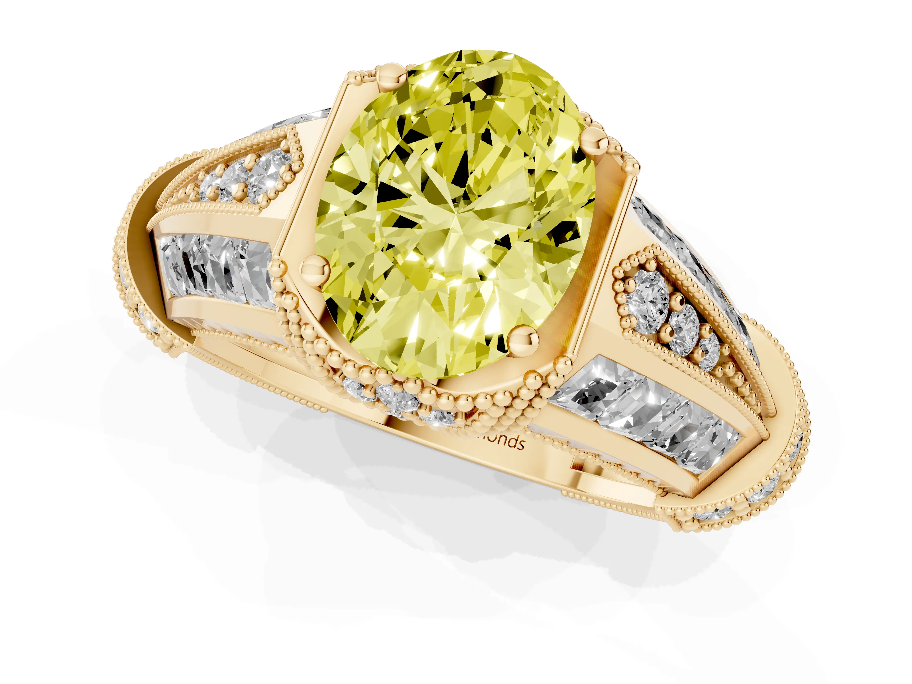 Fancy Yellow Oval Cut Diamond Vintage-Inspired Milgrain Ring Set in Yellow gold with Accent Split Shank