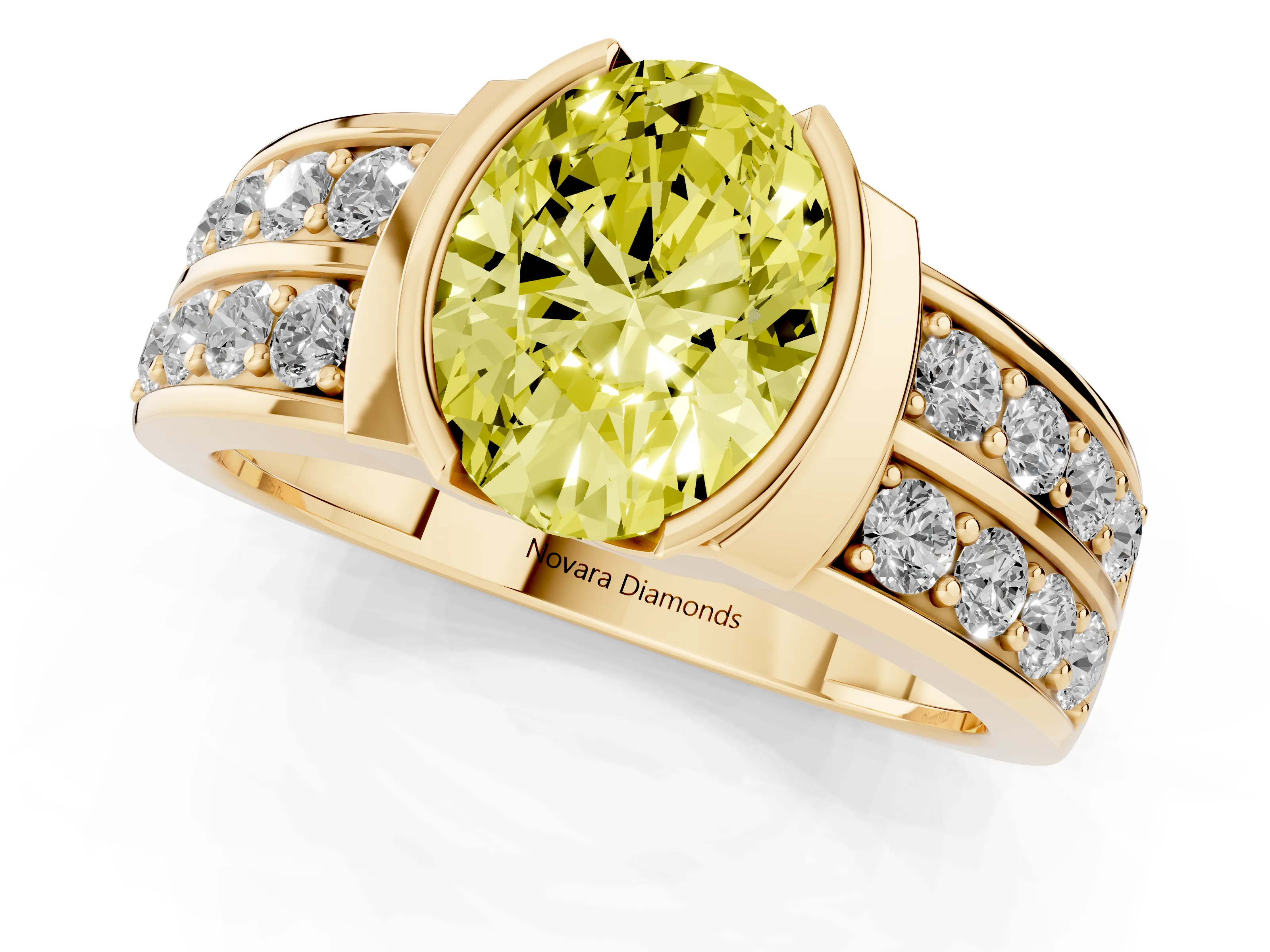 Fancy Yellow Oval Cut Diamond Wide Channel Set Band Ring Set in Yellow gold with Bezel Setting