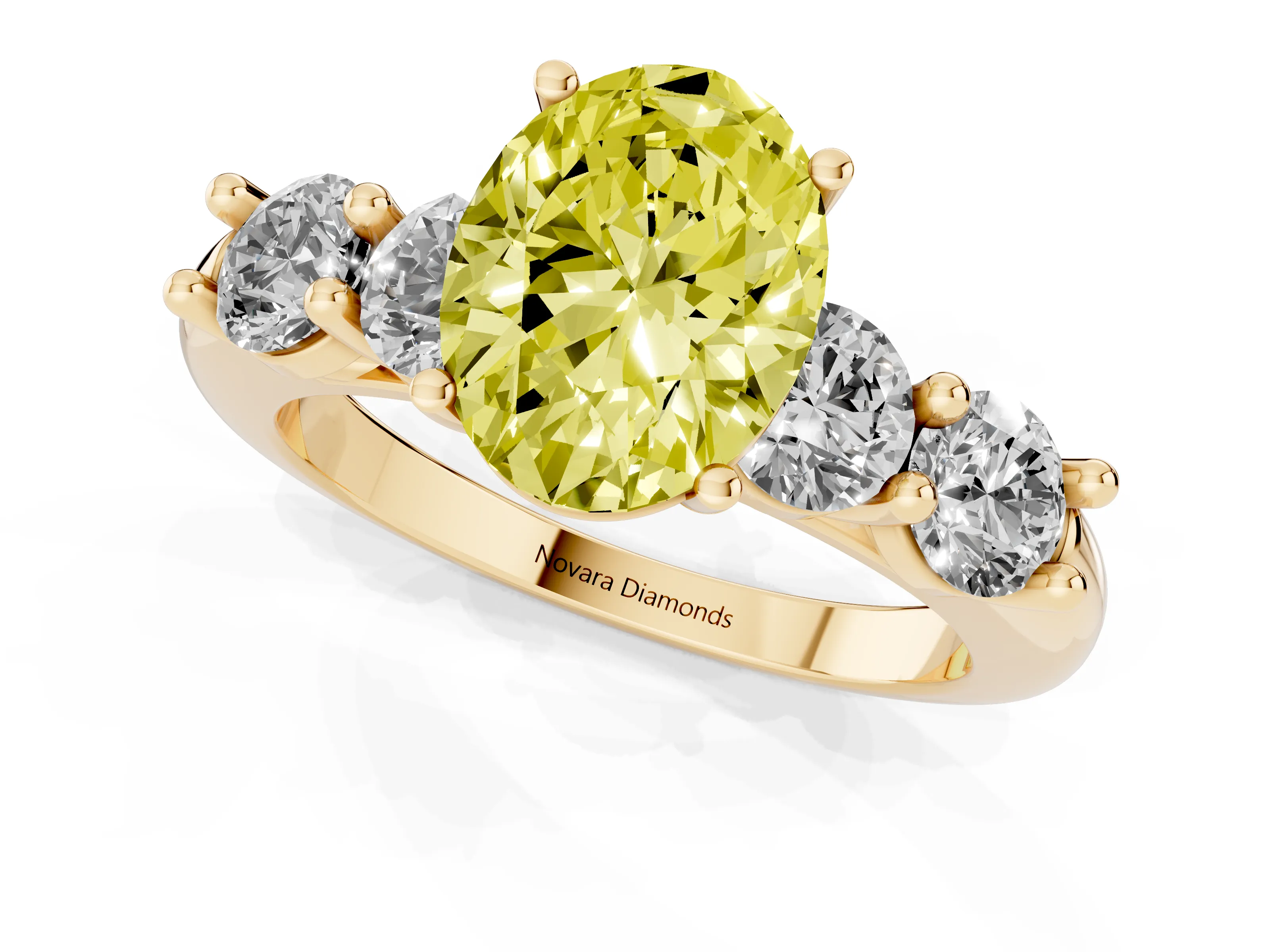 Fancy Yellow Oval Cut Diamond Five-Stone Prong Set Ring Set in Yellow gold with Classic Band