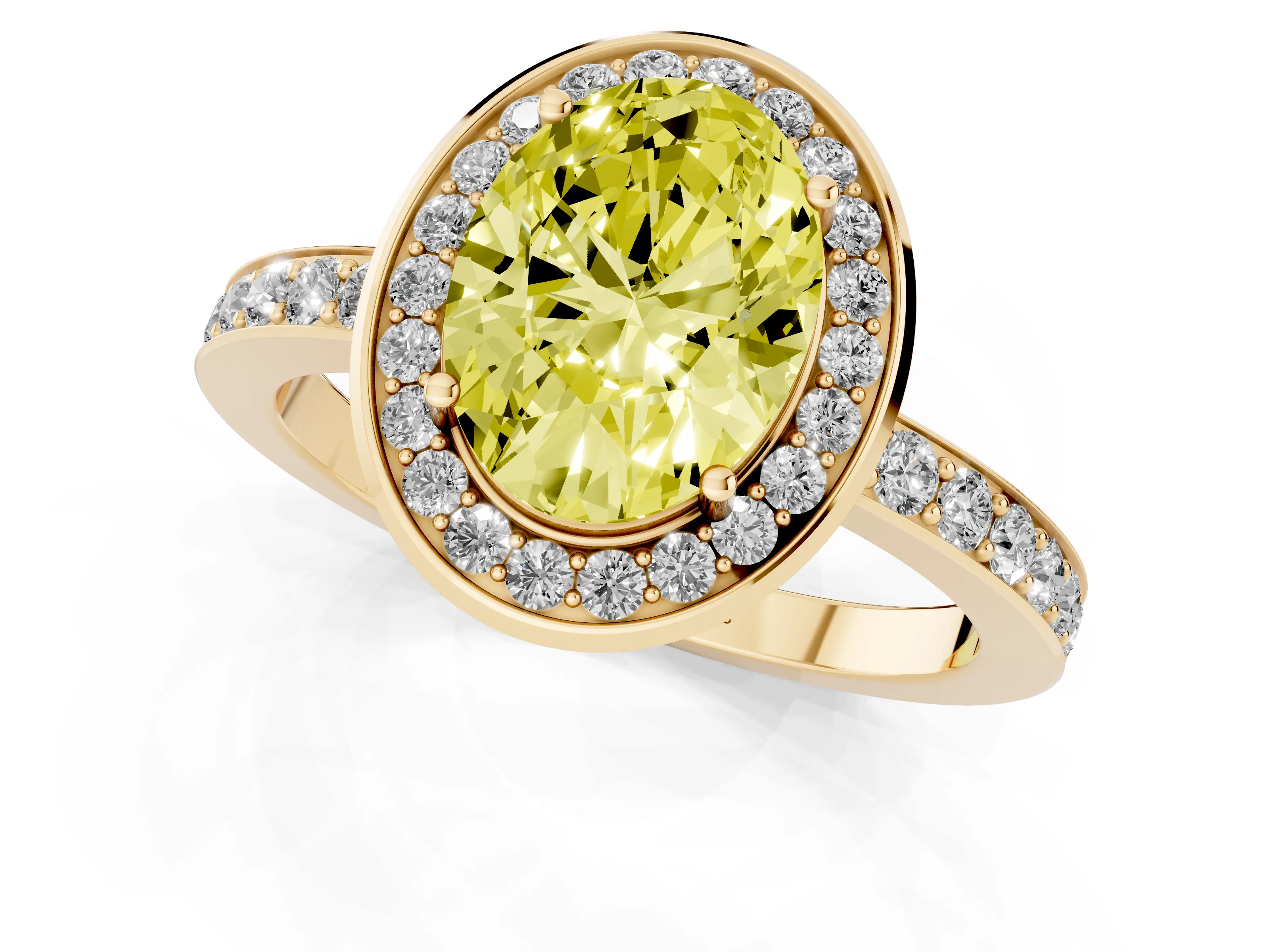 Fancy Yellow Oval Cut Diamond Halo Ring Set in Yellow gold with Bezel Frame and Pavé Band