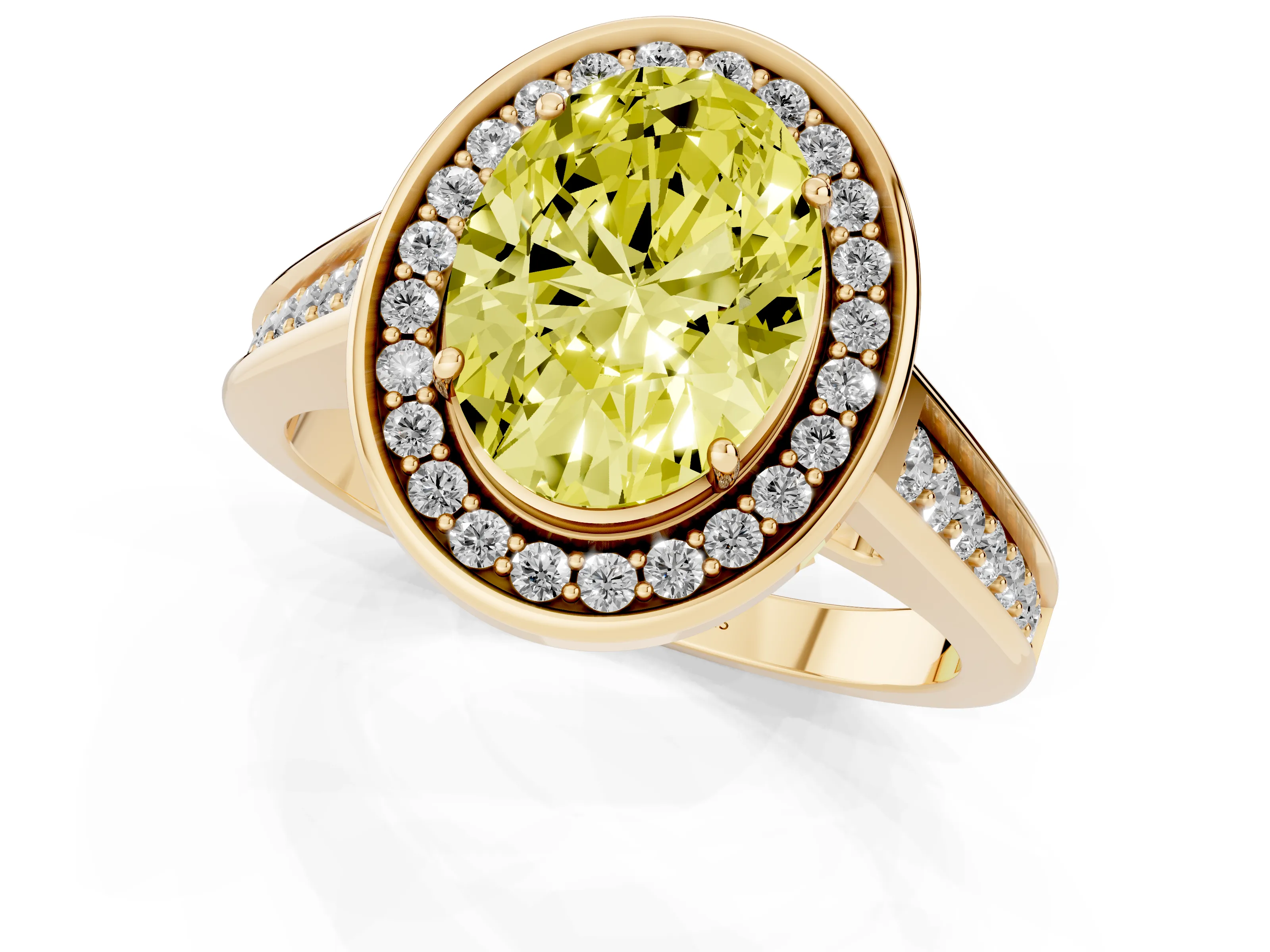 Fancy Yellow Oval Cut Diamond Halo Solitaire Ring Set in Yellow gold with Pavé Band and Bezel Setting