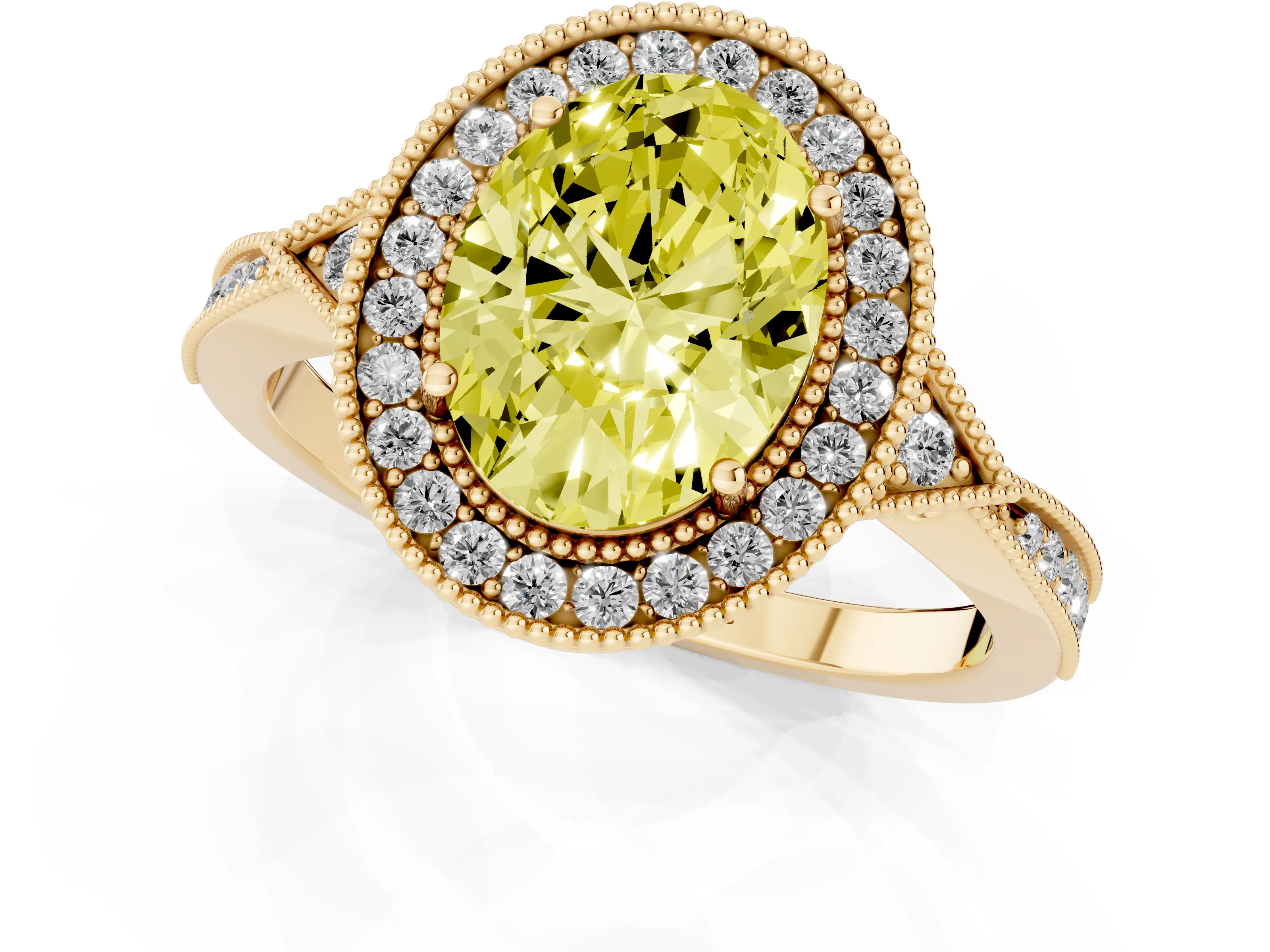 Fancy Yellow Oval Cut Diamond Halo Engagement Ring Set in Yellow gold with Milgrain Pavé Band