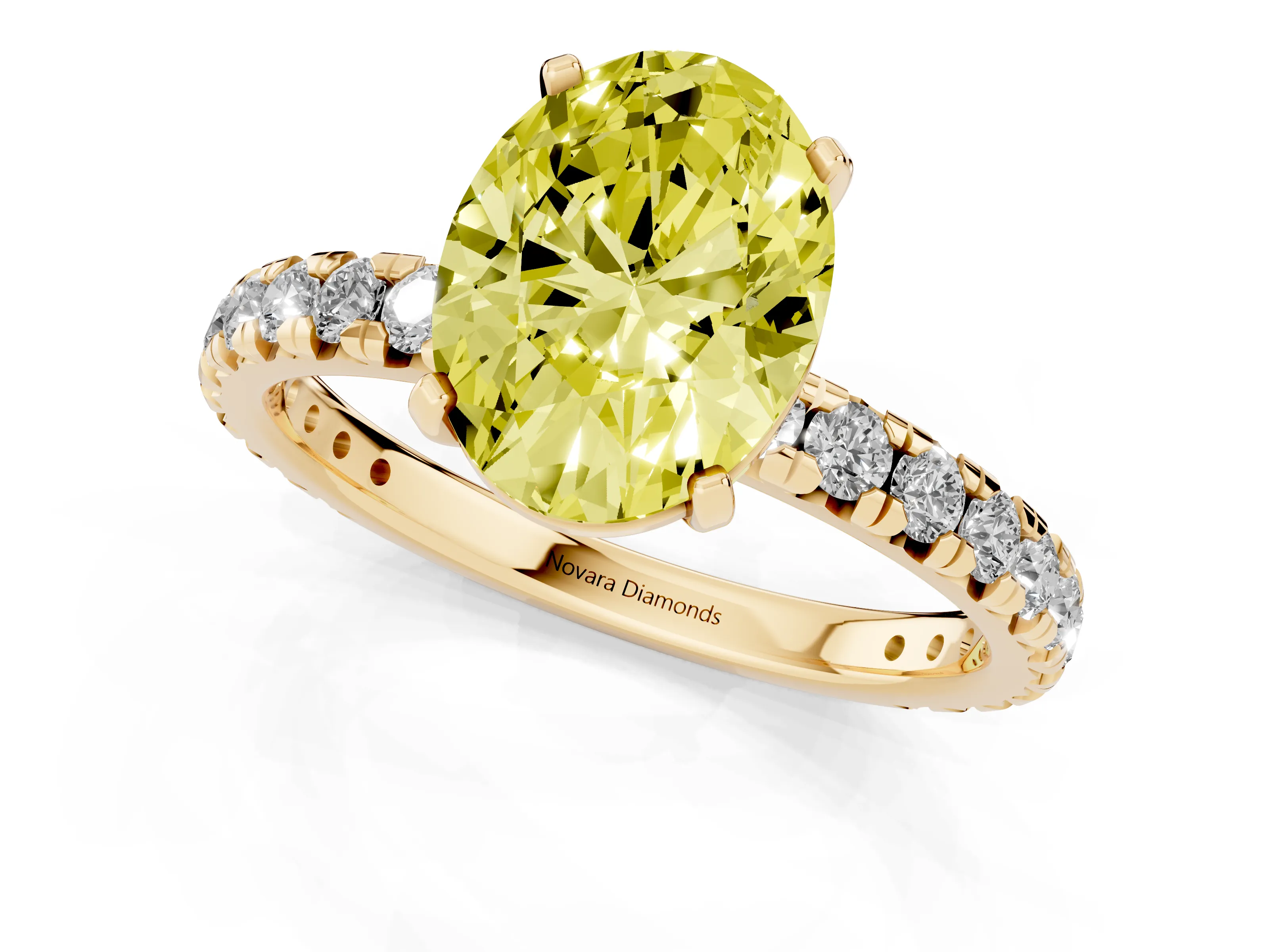 Fancy Yellow Oval Cut Diamond Pavé Solitaire Ring Set in Yellow gold with Round Band and Prong Setting – second view