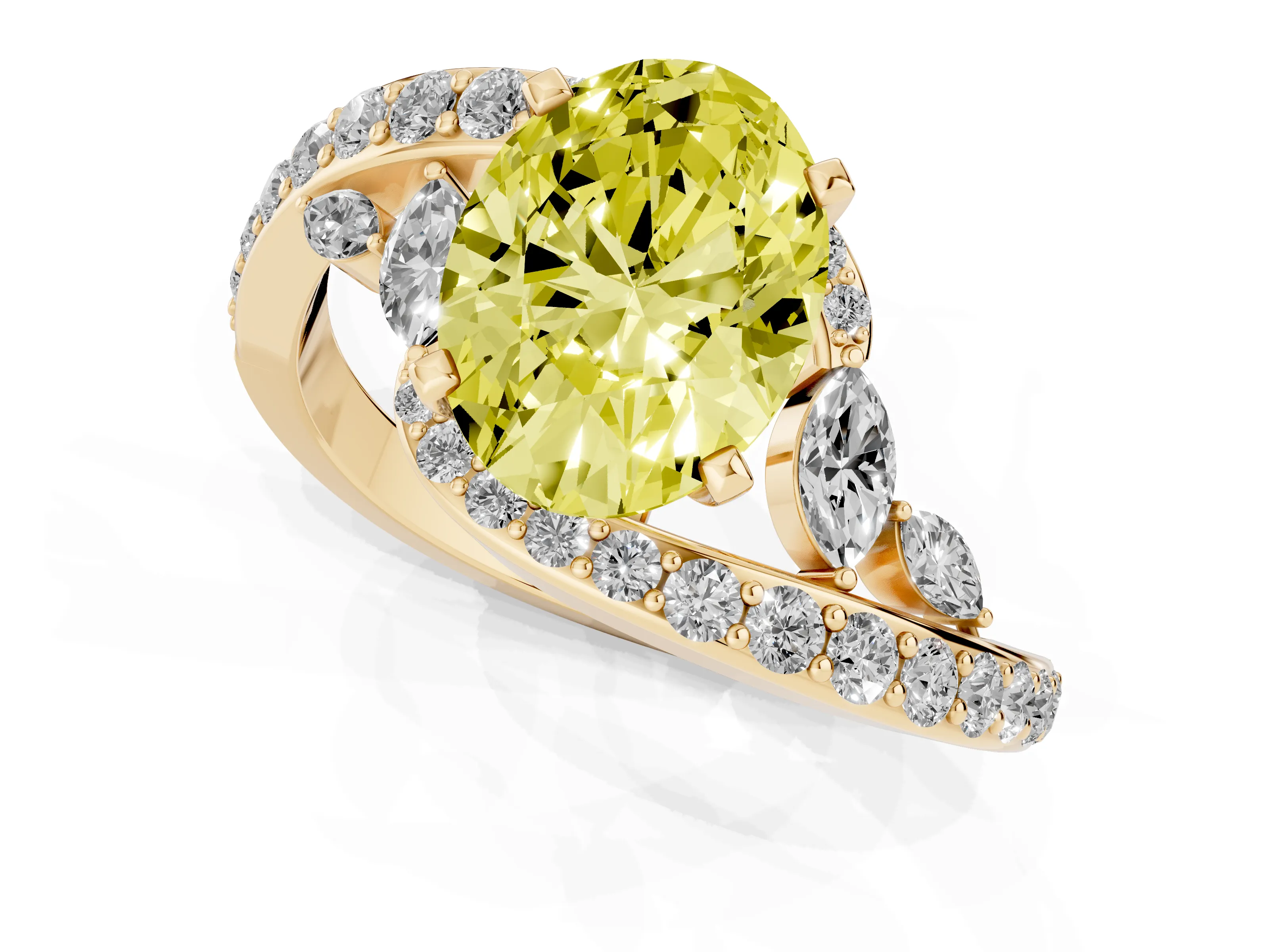Fancy Yellow Oval Cut Diamond Solitaire Ring Set in Yellow gold with Pavé Twist Band and Secure Prong Setting