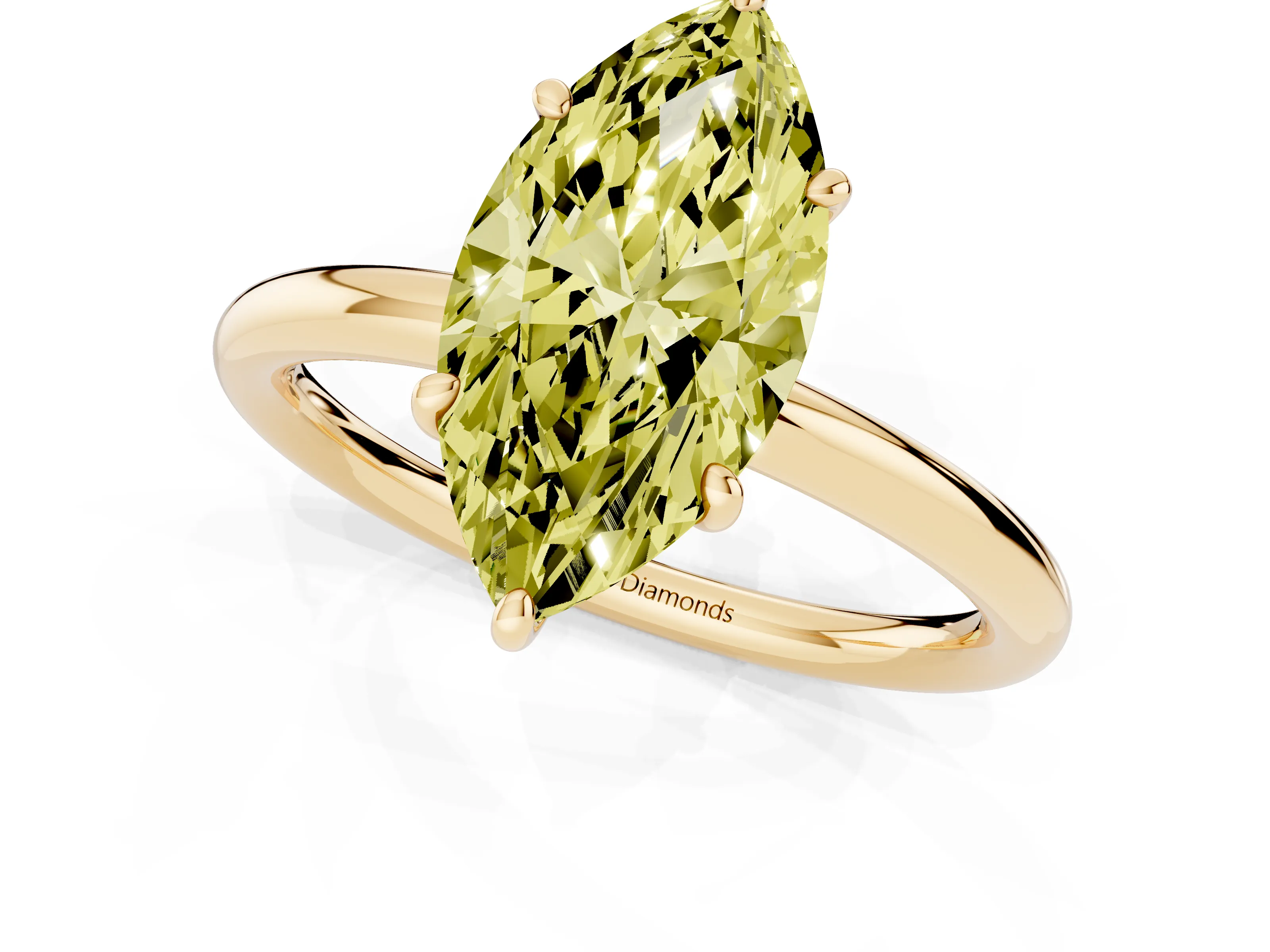 Fancy Yellow Oval Cut Diamond Solitaire Ring Set in Yellow gold with Prong Setting on a Polished Plain Band