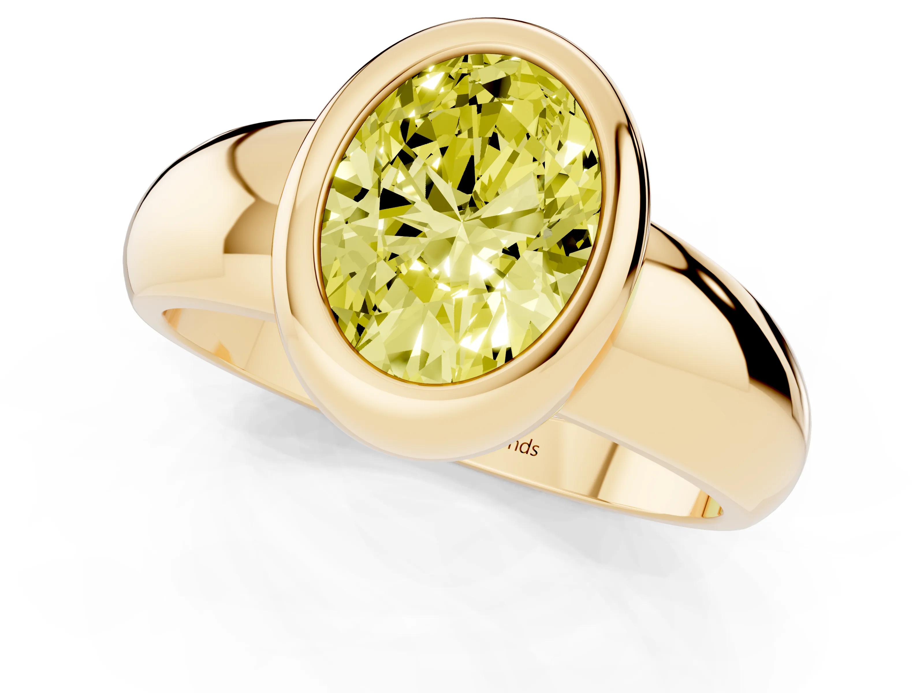 Fancy Yellow Bezel Set Oval Cut Diamond Solitaire Ring Set in Yellow gold with Wide Band