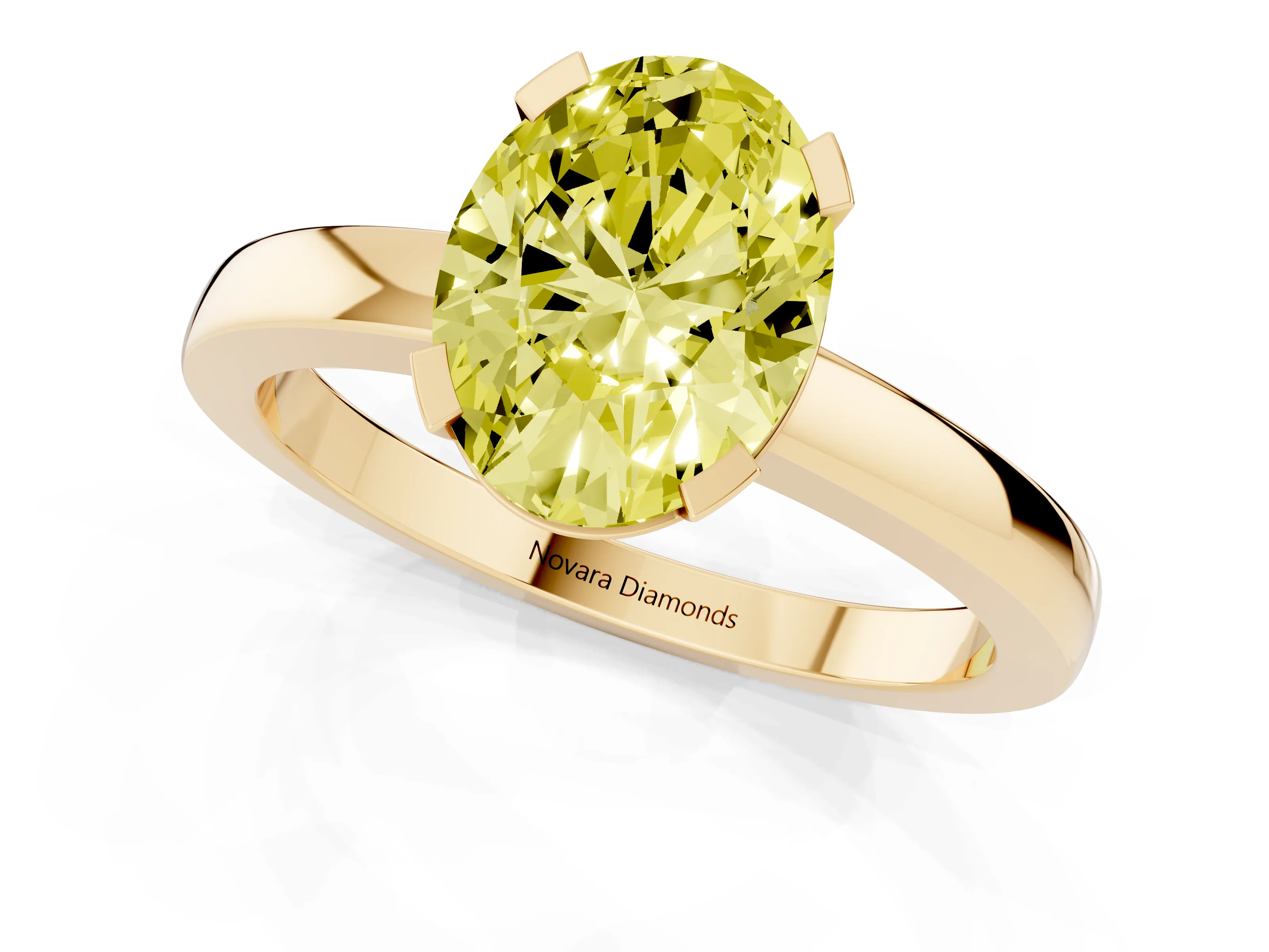 Fancy Yellow Oval Cut Diamond Solitaire Ring Set in Yellow gold with Prong Head and Smooth Polished Band