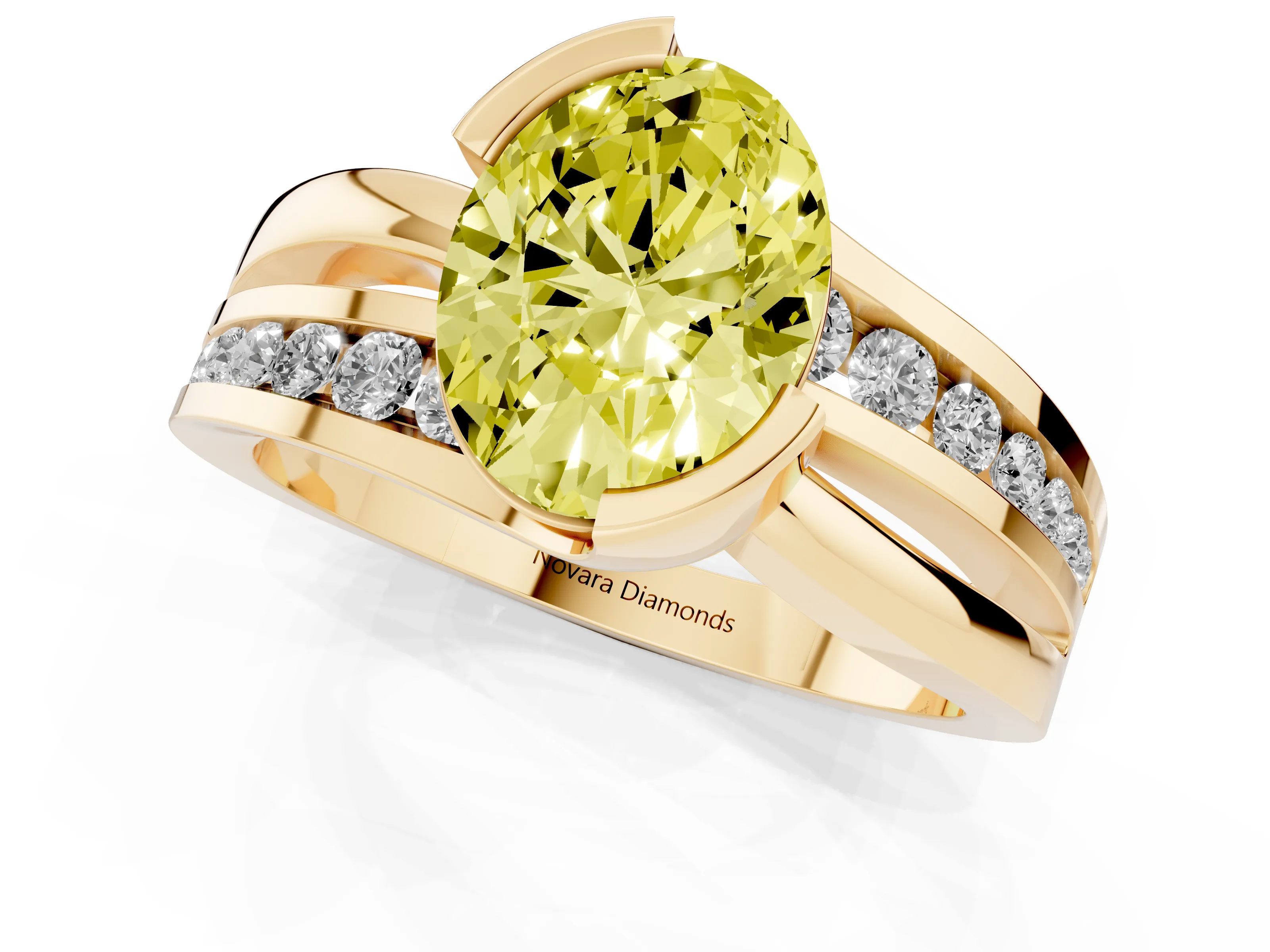 Fancy Yellow Oval Cut Diamond Solitaire Ring Set in Yellow gold with Channel Set Split Shank and Tension Prongs
