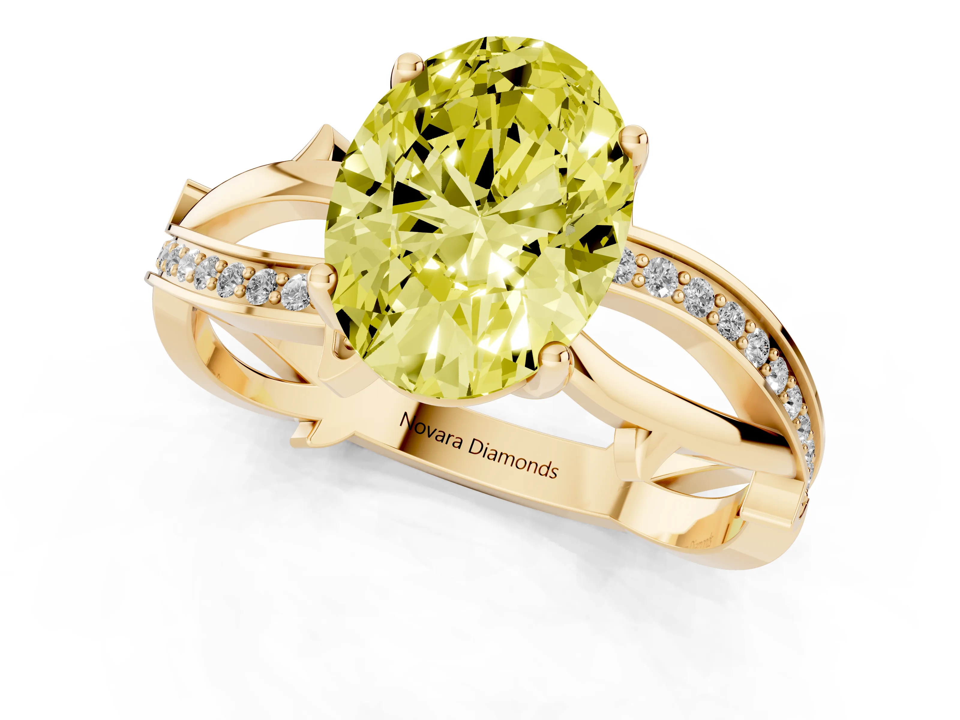 Fancy Yellow Oval Cut Diamond Pavé Twist Band Solitaire Ring Set in Yellow gold with Prong Setting
