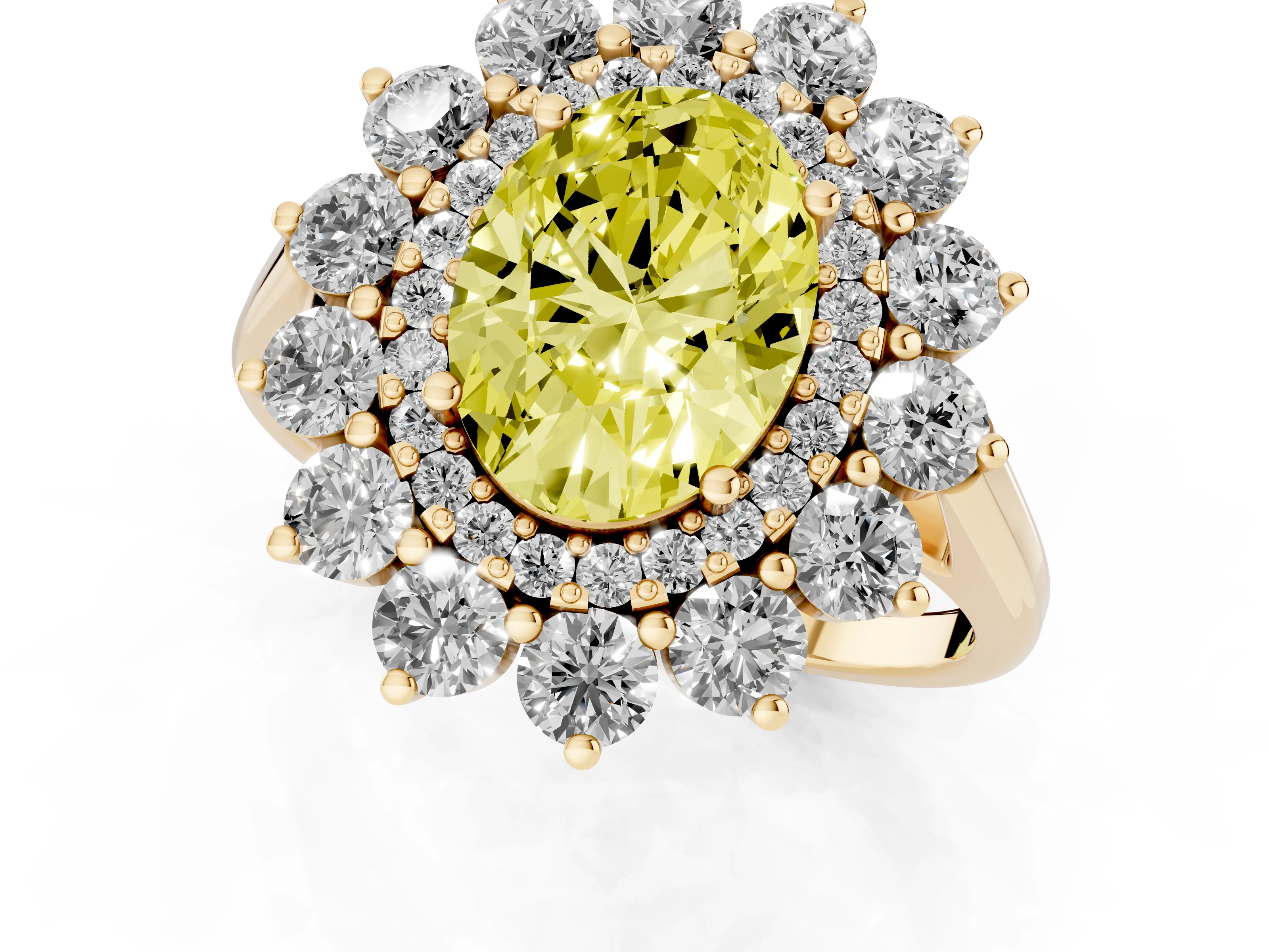 Fancy Yellow Oval Cut Diamond Floral Double Halo Ring Set in Yellow gold with Round Petals