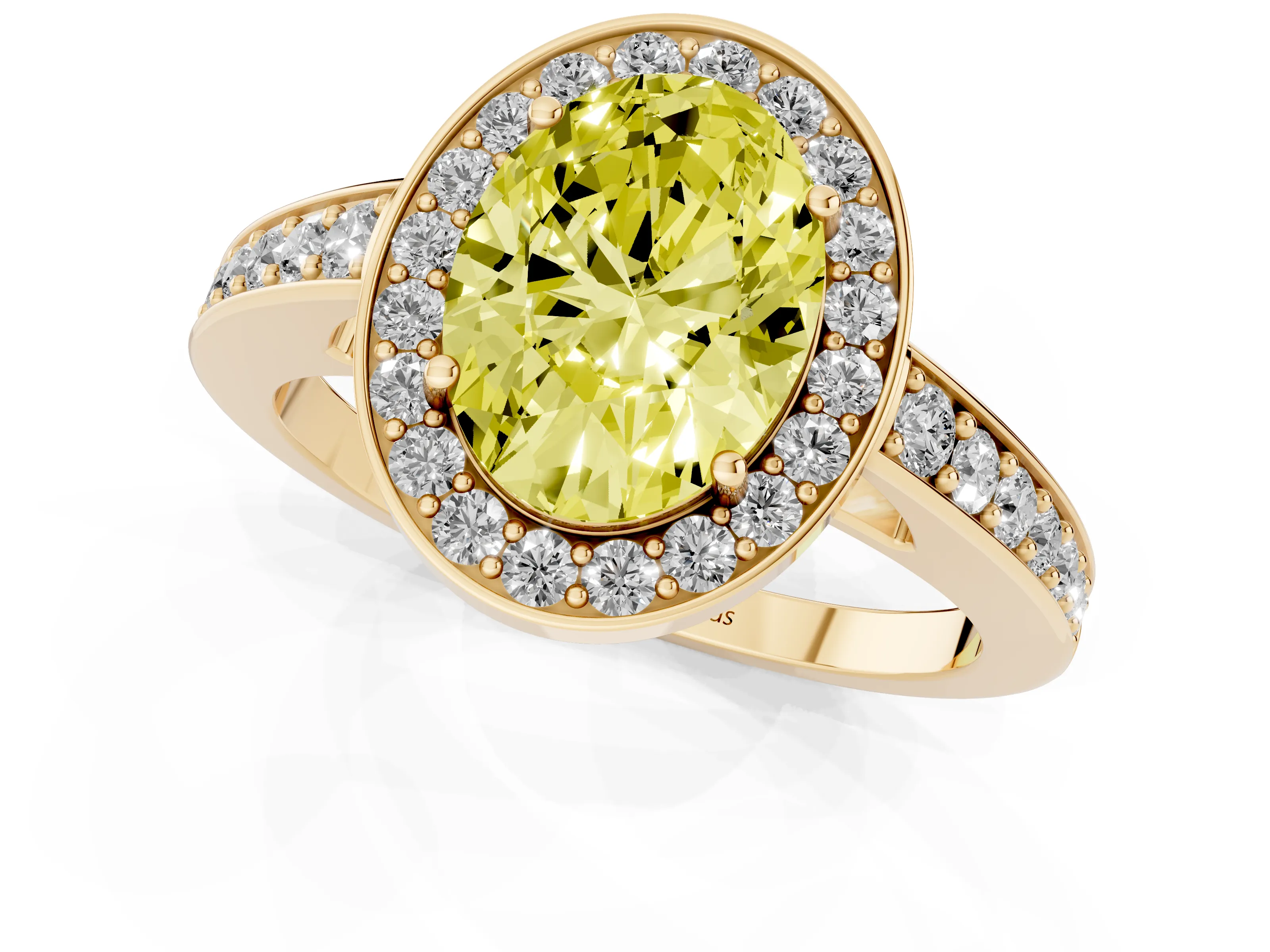 Fancy Yellow Oval Cut Diamond Halo Pavé Engagement Ring Set in Yellow gold with Bezel Setting