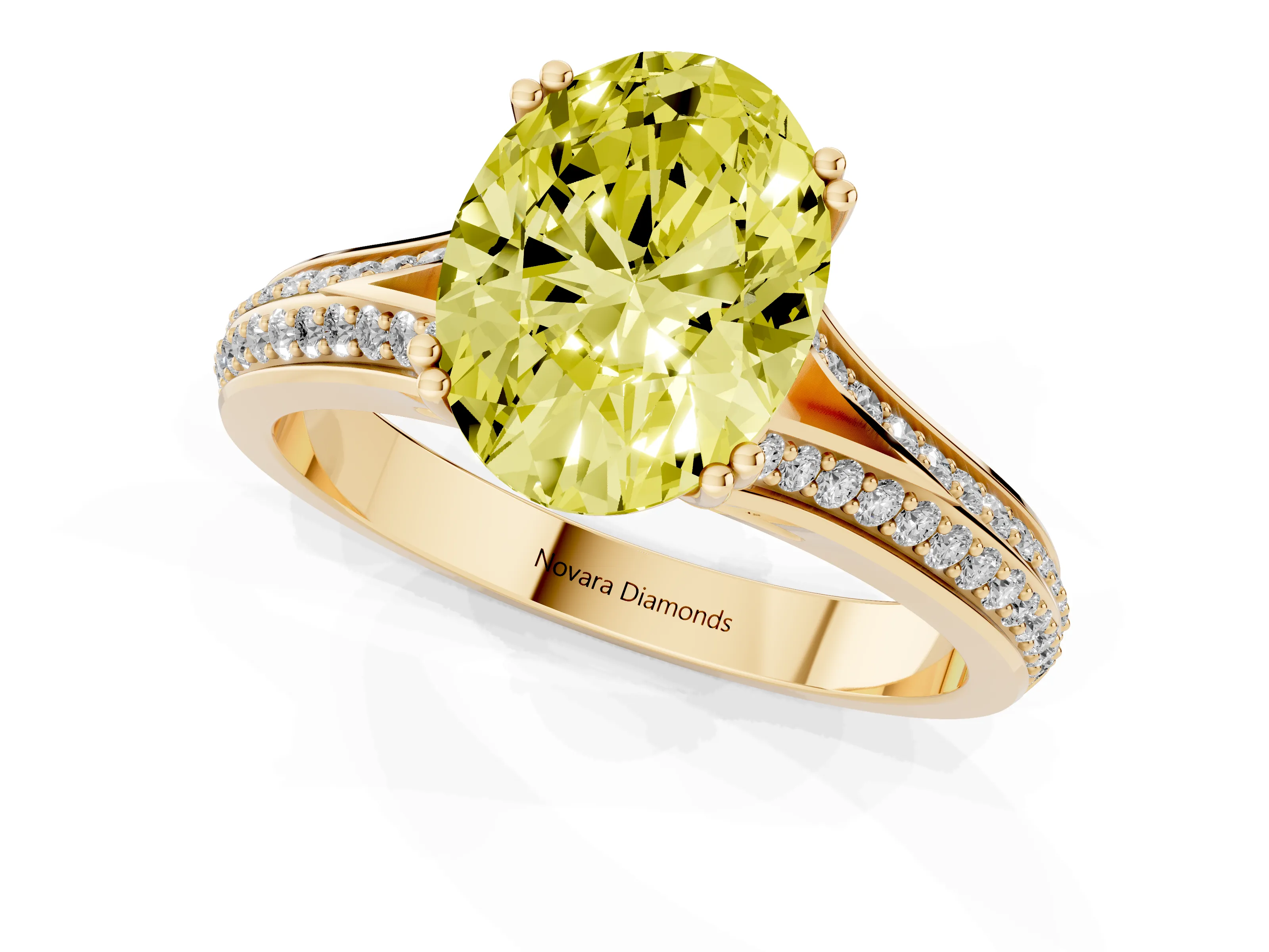 Fancy Yellow Oval Cut Diamond Split Shank Pavé Engagement Ring Set in Yellow gold with Prong-Set Center Stone