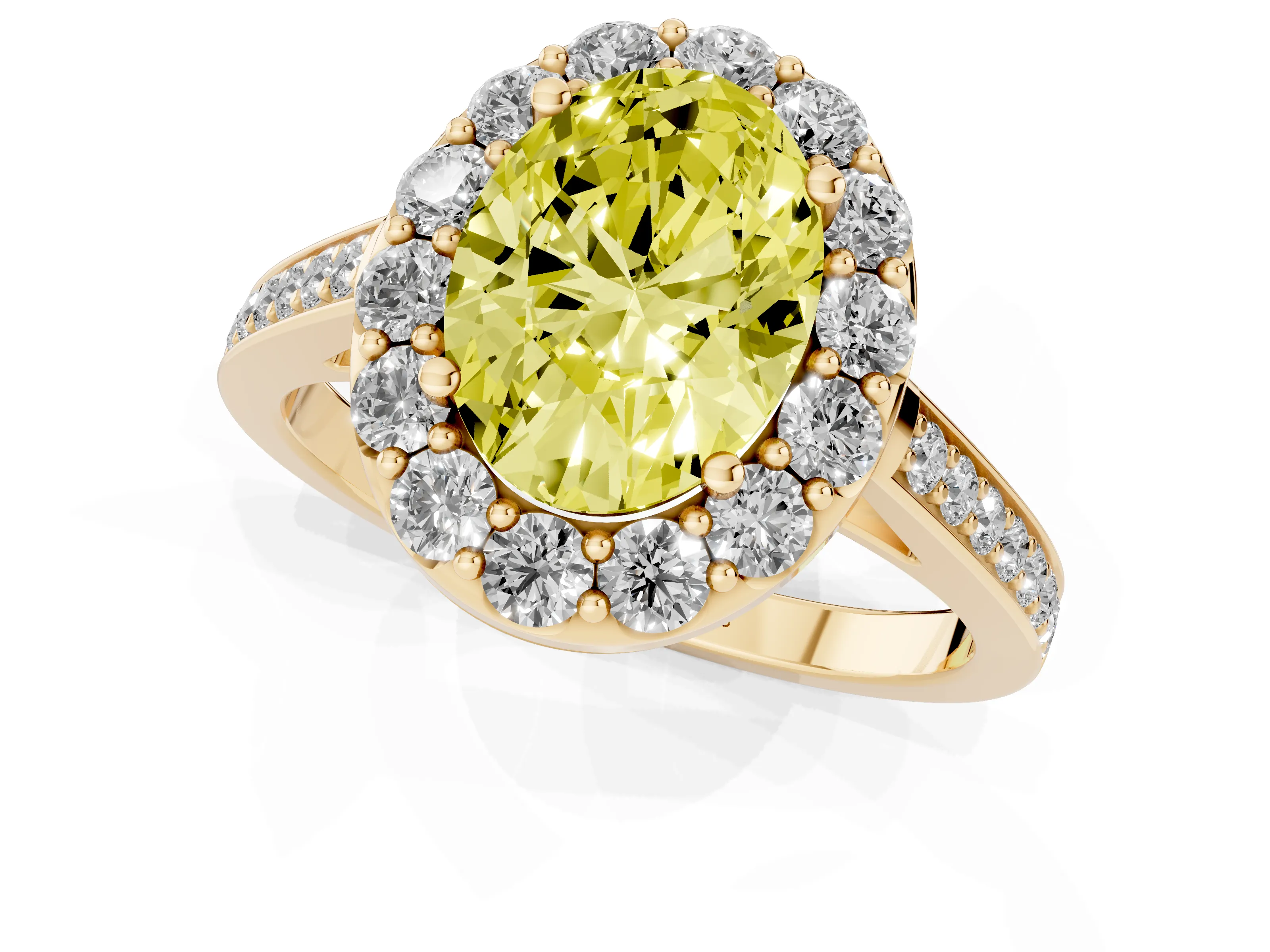 Fancy Yellow Oval Cut Diamond Floral Halo Ring Set in Yellow gold with Pavé Band and Prong Setting